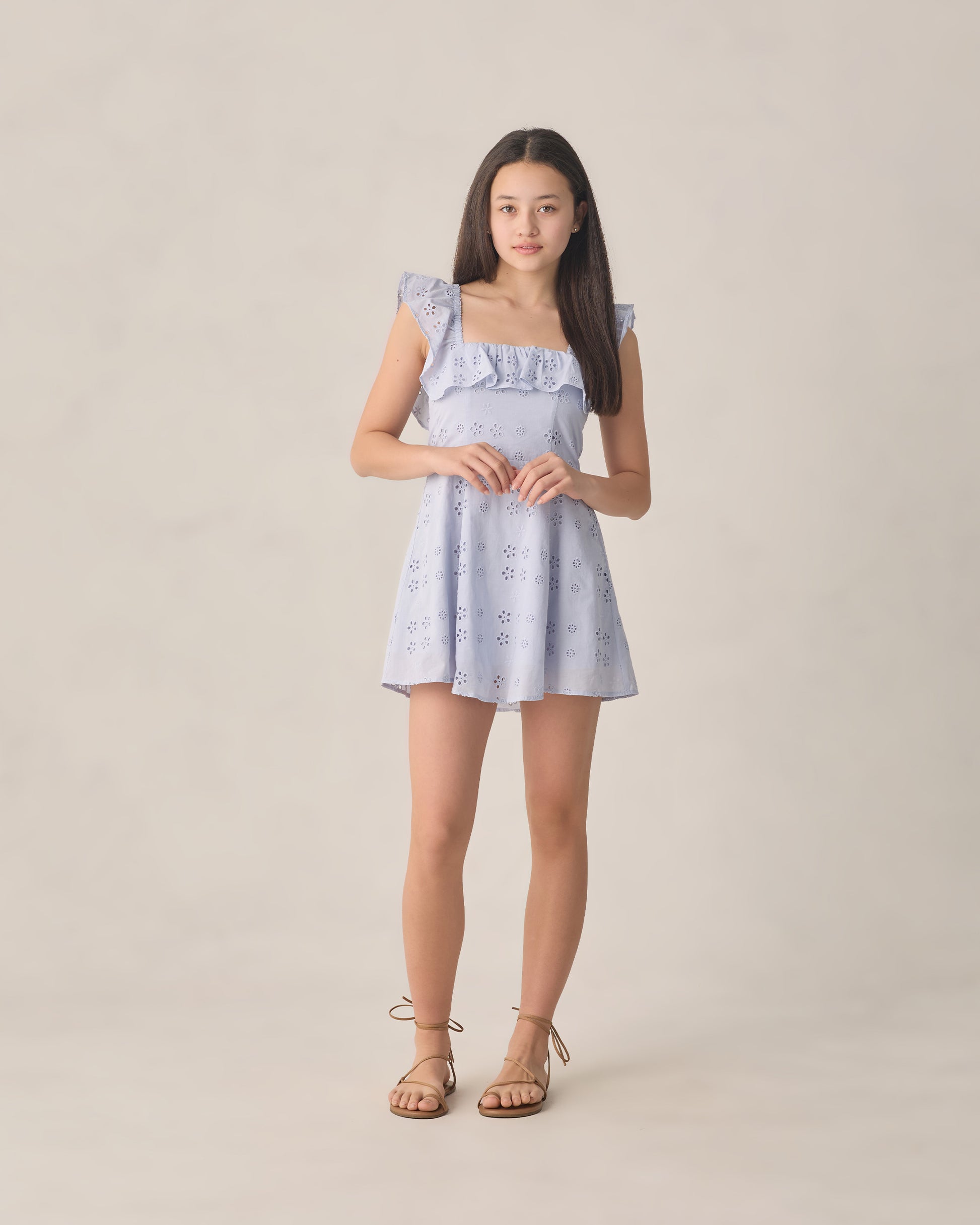 Teen periwinkle Bianca mini dress by Rylee & Cru, featuring a sleeveless design with a flowy skirt and floral pattern.