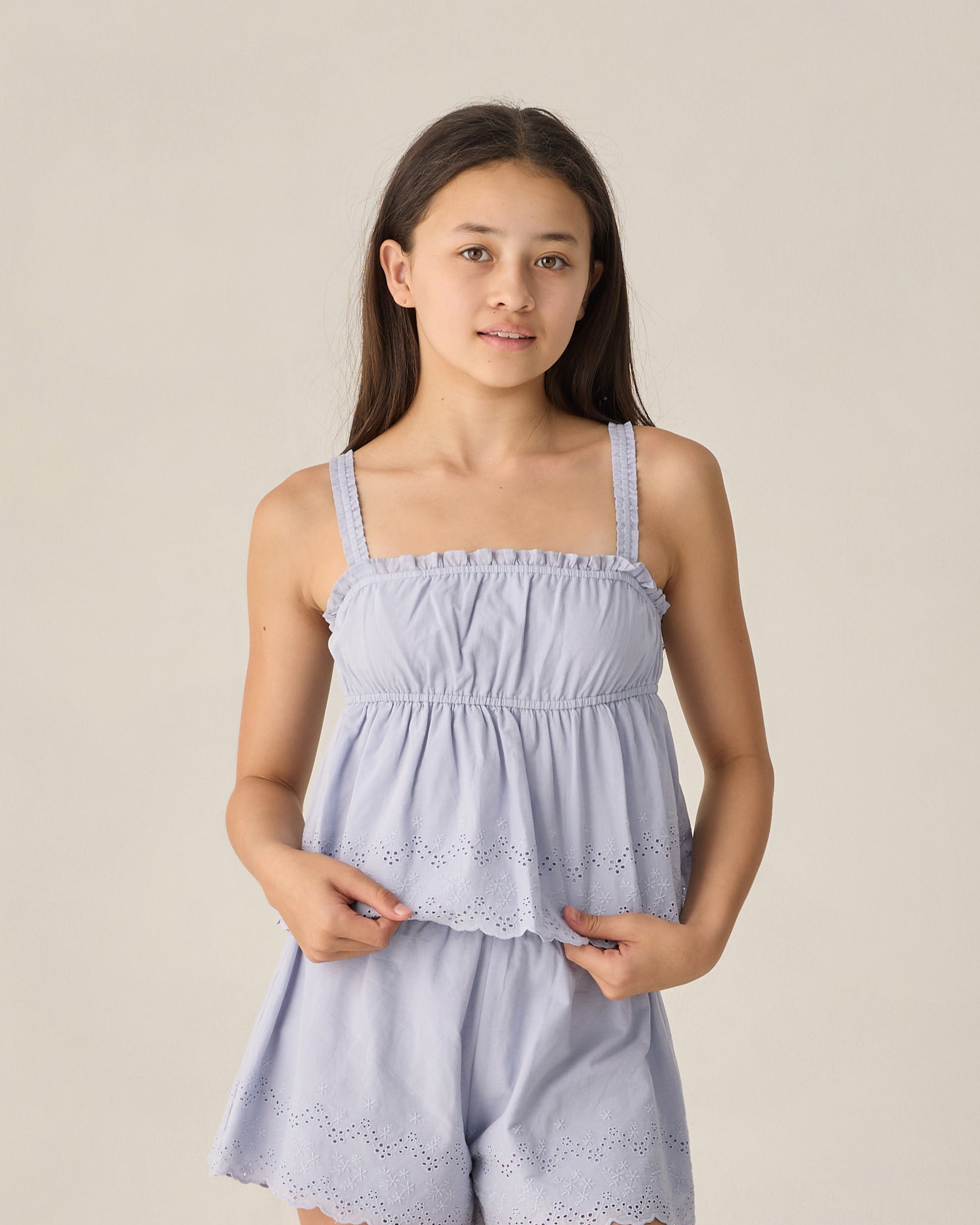 Teen periwinkle eyelet tank blouse by Rylee & Cru, featuring delicate eyelet details and a relaxed fit.