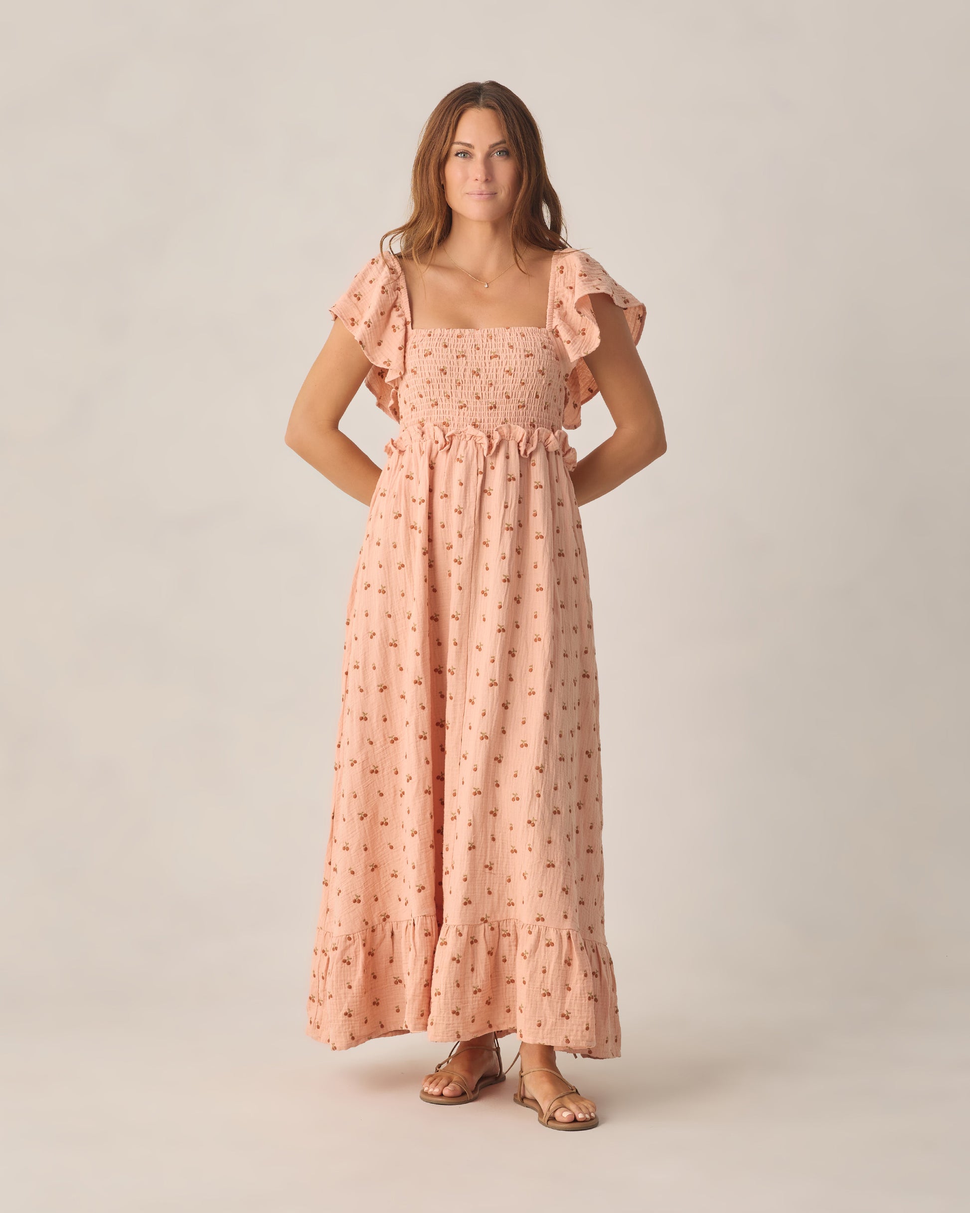Women's cherry embroidered Francesca dress by Rylee & Cru, featuring a floral design and flowing silhouette.