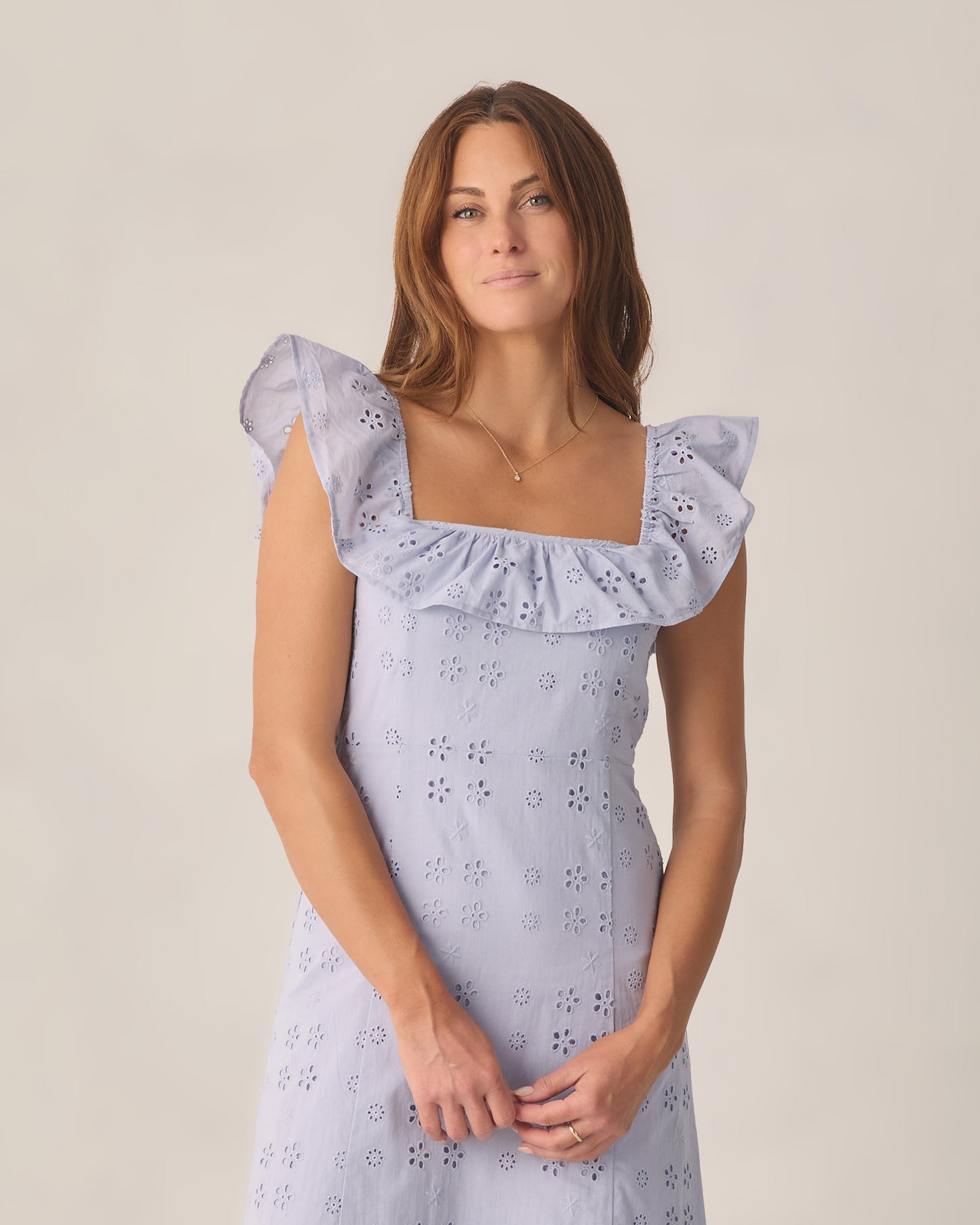 Women's periwinkle Bianca dress by Rylee & Cru, featuring a flowy silhouette and delicate details, showcased on a model.