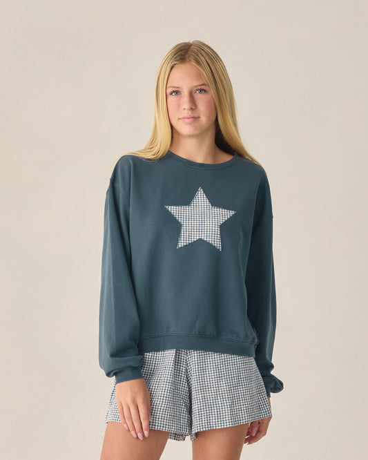 Teen navy Pier sweatshirt by Rylee & Cru, showing a cozy navy blue crewneck with a relaxed fit and soft fabric.