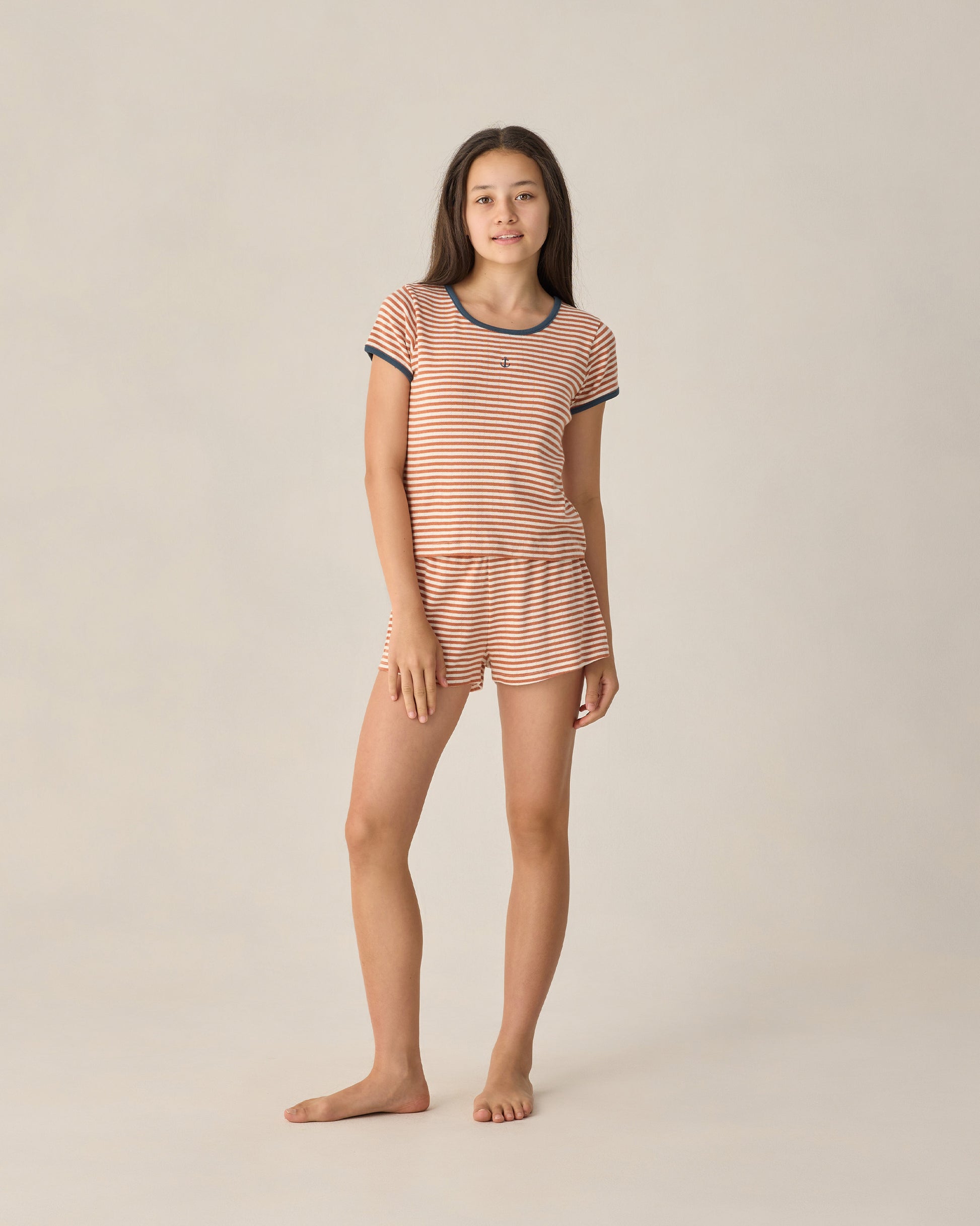 Teen Poppy Stripe Pointelle Shorts by Rylee & Cru featuring pink and white striped fabric with a soft, breathable knit texture.