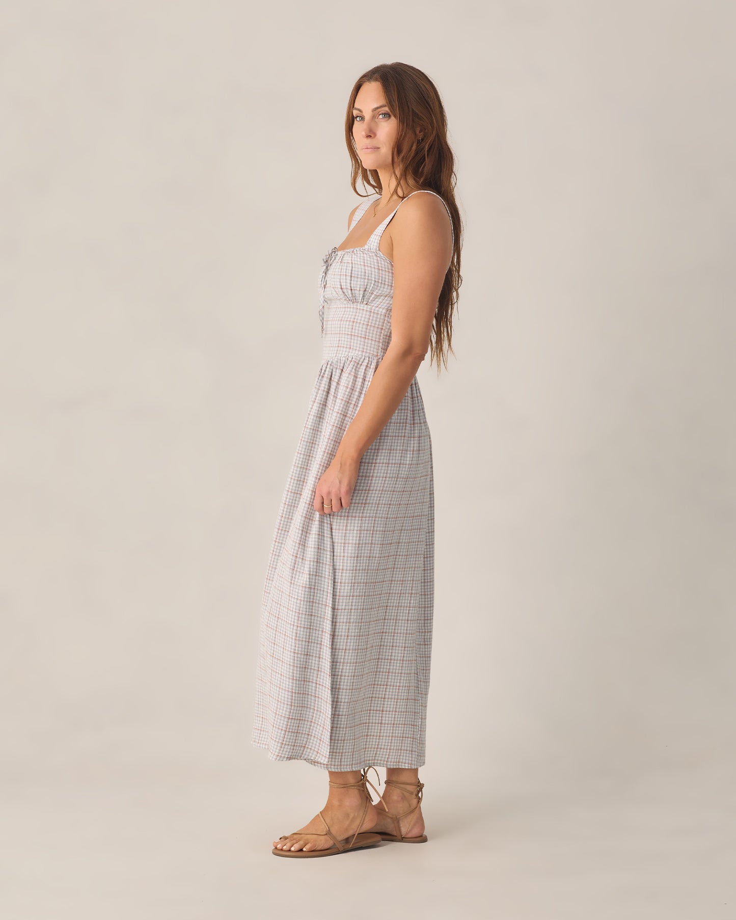 Women's light blue plaid Primrose maxi dress by Rylee & Cru, flowing fabric, sleeveless design, and ankle-length silhouette.