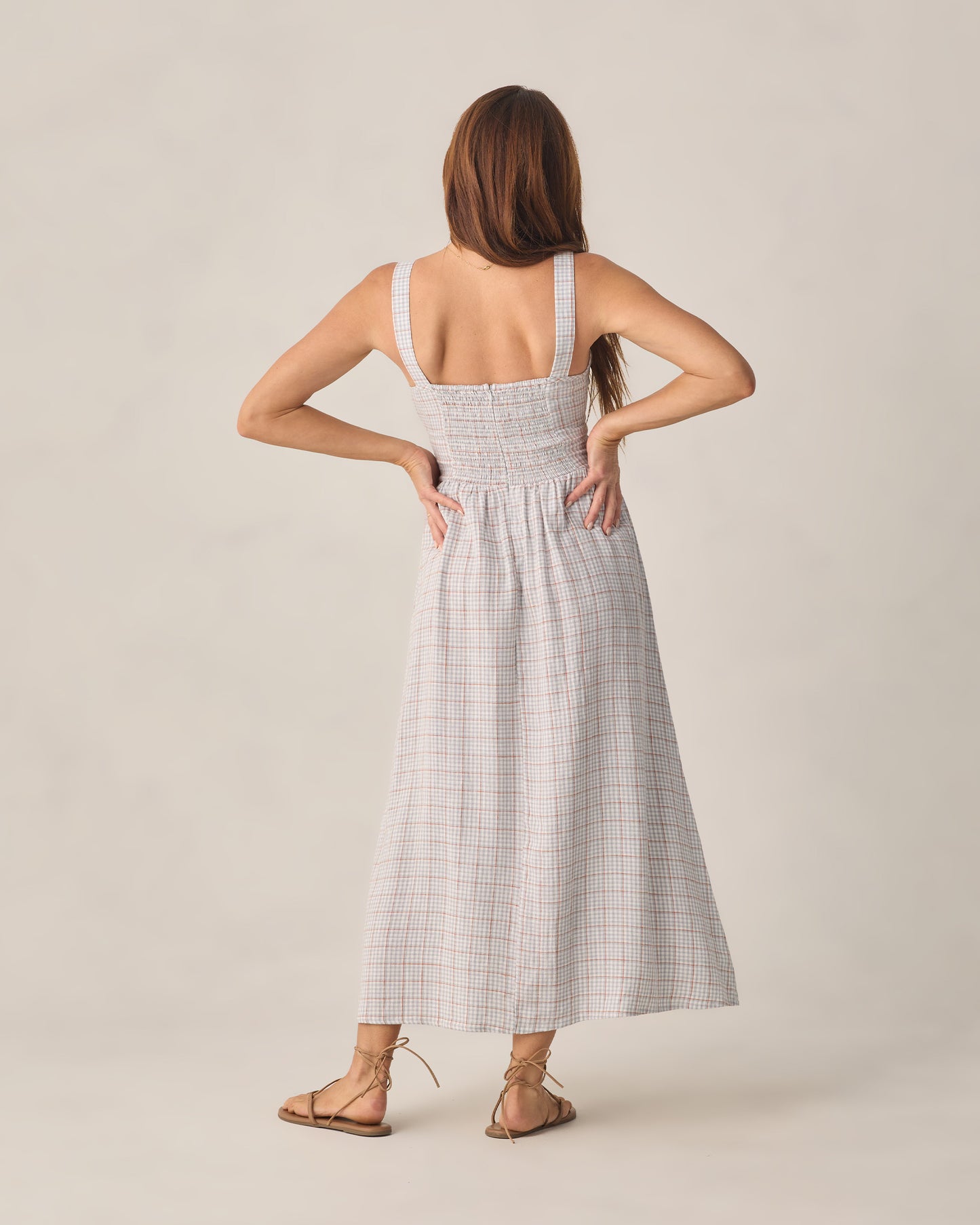 Light blue plaid Primrose maxi dress for women by Rylee & Cru, flowing fabric with a fitted bodice and full-length skirt.