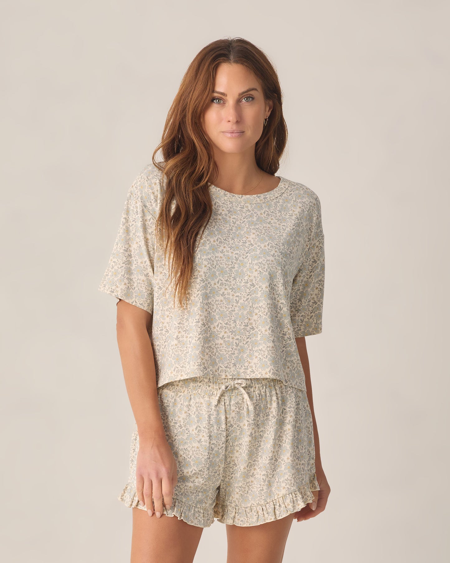 Women's blue Meadow Mosie set by Rylee & Cru, featuring a comfortable top and matching pants in soft blue fabric.