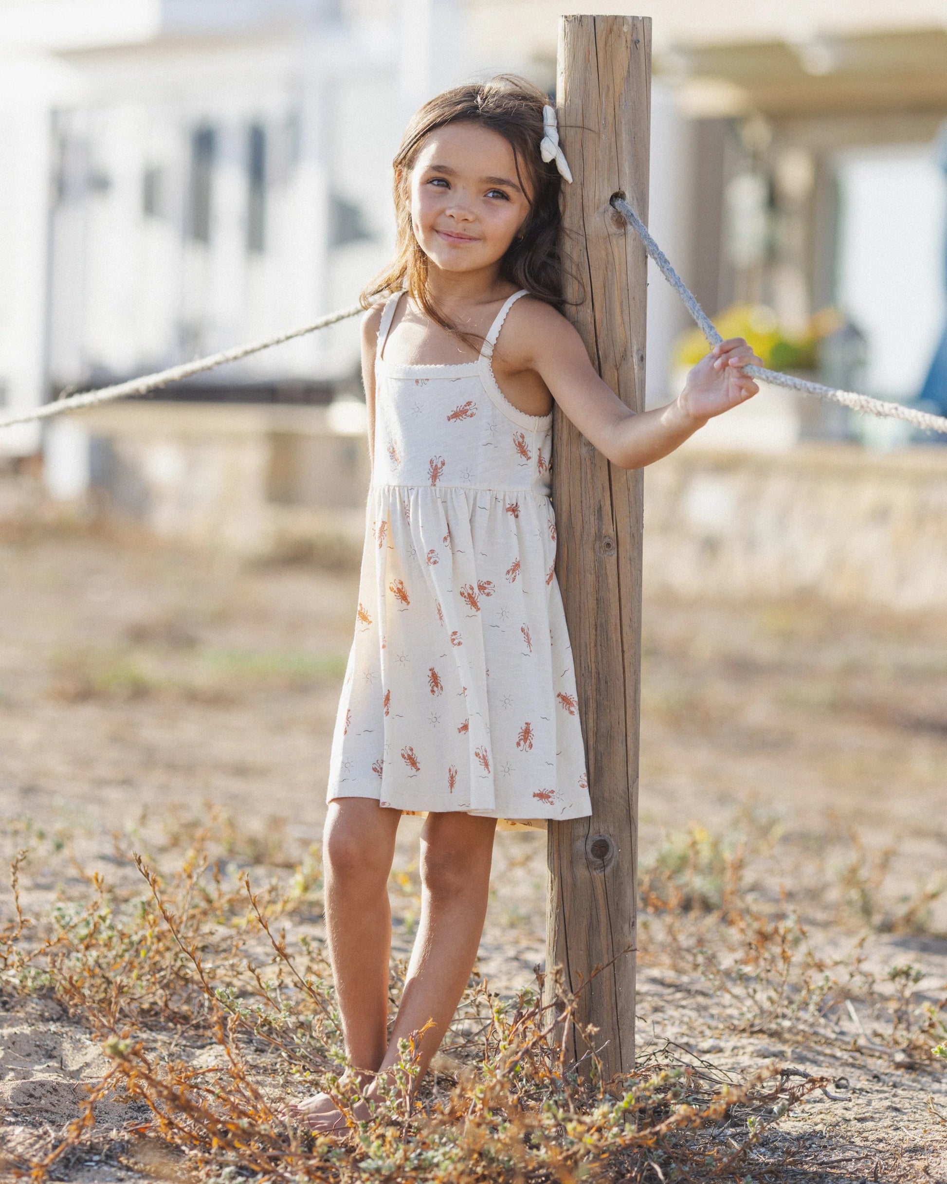 Rylee & Cru Lobsters Lea Dress shown on a model, featuring a playful lobster print, soft fabric, and casual style perfect for kids.