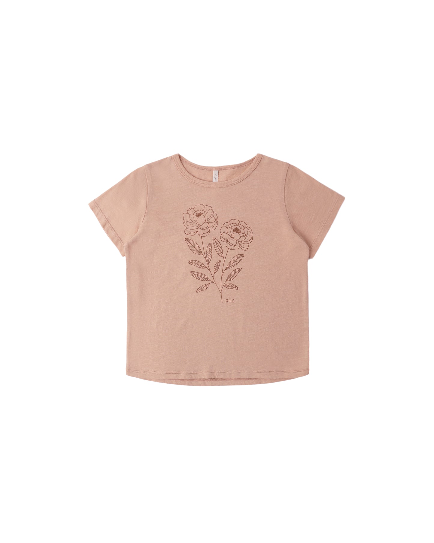 Rylee & Cru Peony Basic Tee in melon color, soft cotton fabric, casual fit, front neckline, and short sleeves.