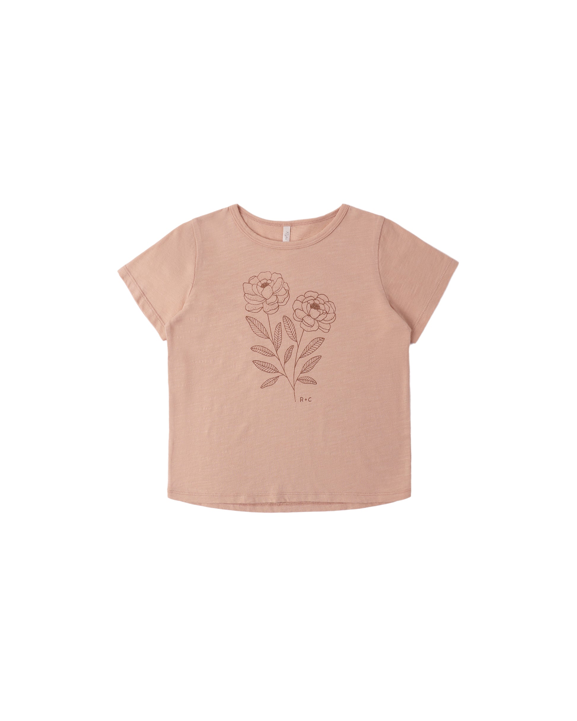 Rylee & Cru Peony Basic Tee in melon color, soft cotton fabric, casual fit, front neckline, and short sleeves.