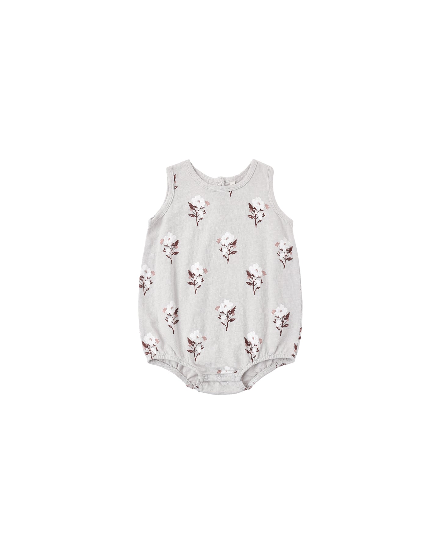 Rylee & Cru Wildflower Bubble Onesie in fog color, featuring a soft fabric with a floral print and bubble-style design for babies.