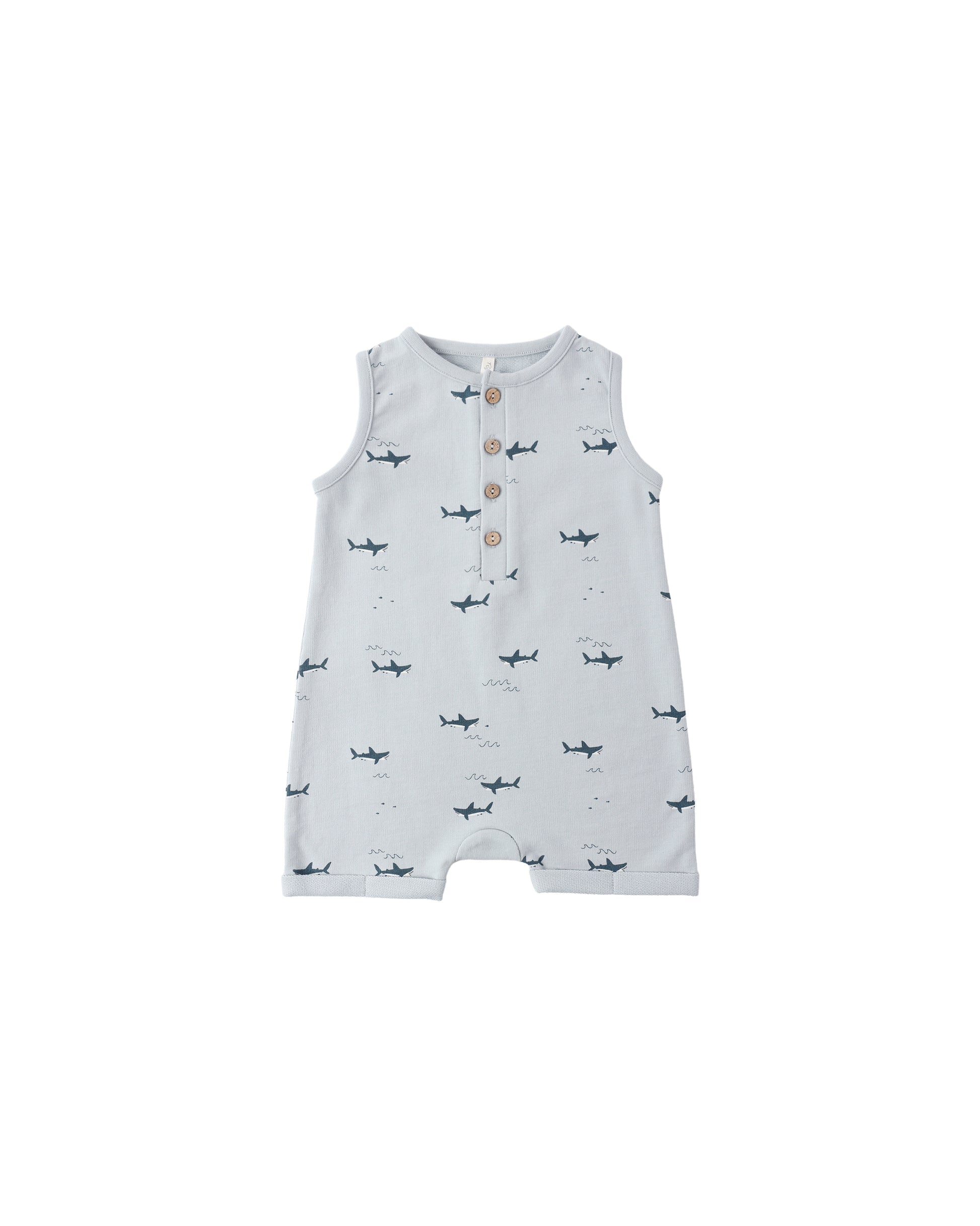 Light blue Sharks Davis romper by Rylee & Cru, featuring playful shark print and comfortable cotton fabric for kids.