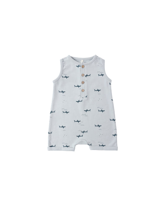 Light blue Sharks Davis romper by Rylee & Cru, featuring playful shark print and comfortable cotton fabric for kids.