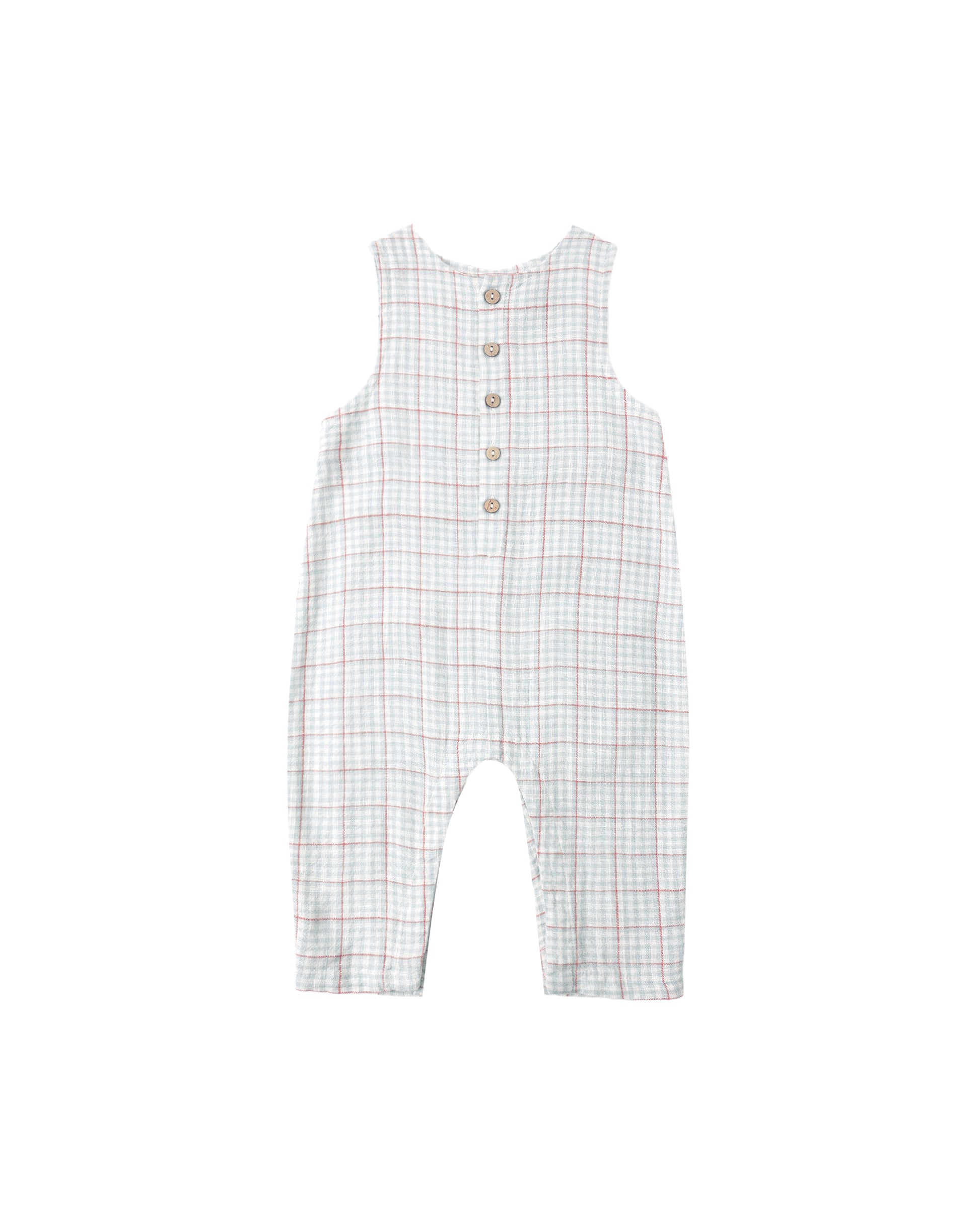 Light blue striped button jumpsuit by Rylee & Cru, featuring a relaxed fit with a collar and front buttons.