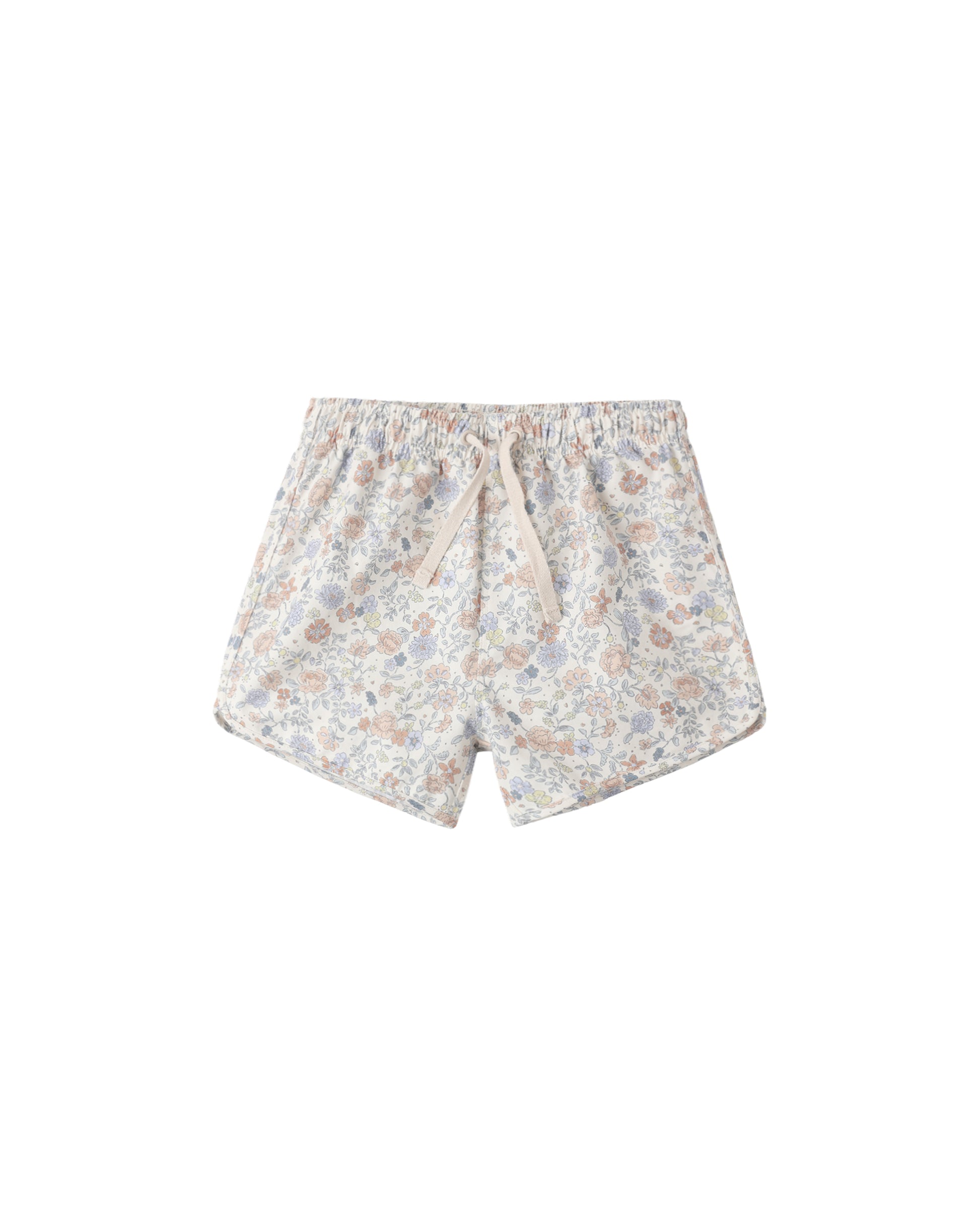 Rylee & Cru Bloom Swim Trunk in ivory with floral pattern, elastic waistband, and quick-dry fabric for kids' swimming and beachwear.