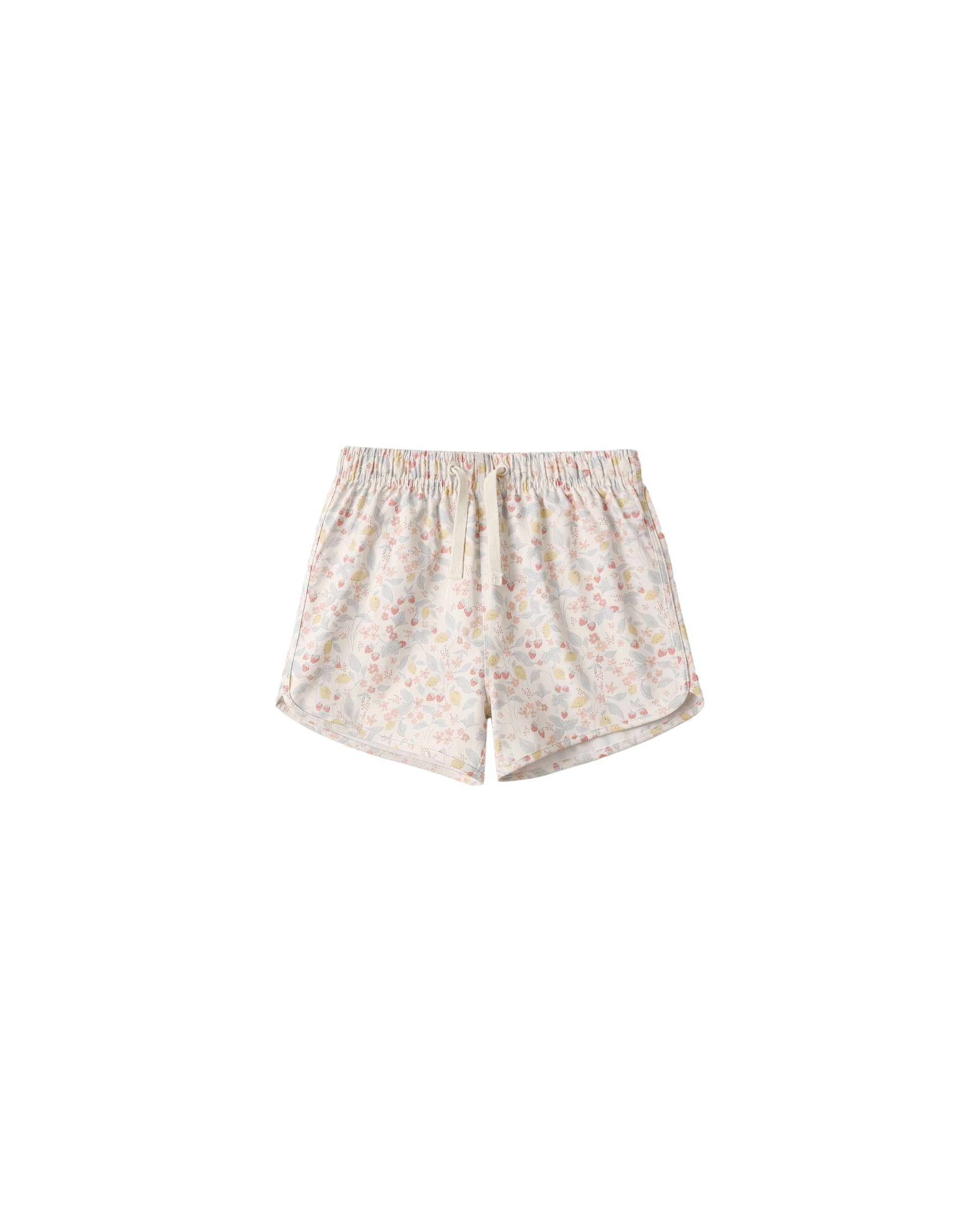 Ivory Rylee & Cru Summer Garden swim trunks with colorful floral pattern, elastic waistband, and lightweight fabric for kids' beachwear.