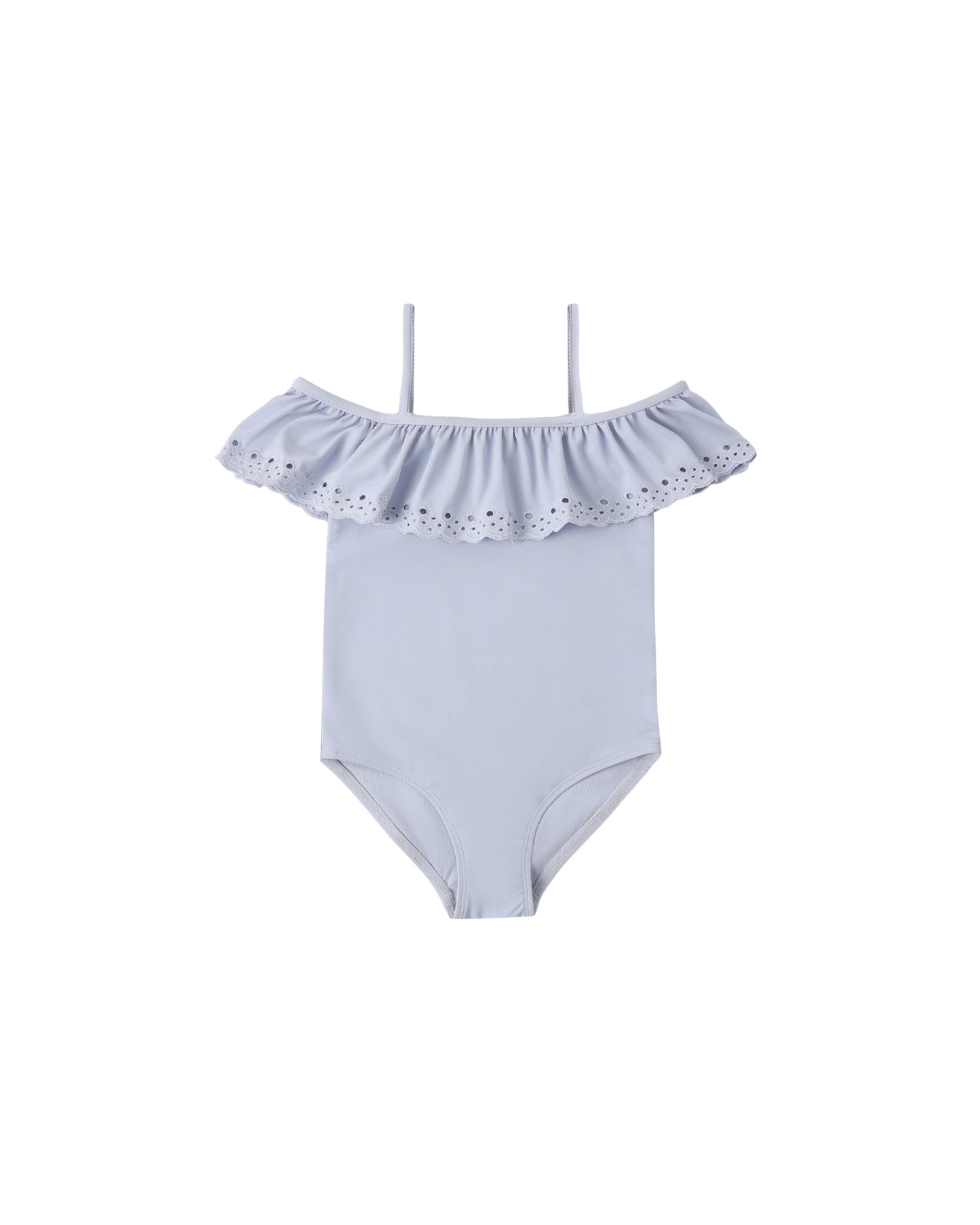 Periwinkle off-the-shoulder one-piece swimsuit by Rylee & Cru, showcasing stylish design and comfortable fit.