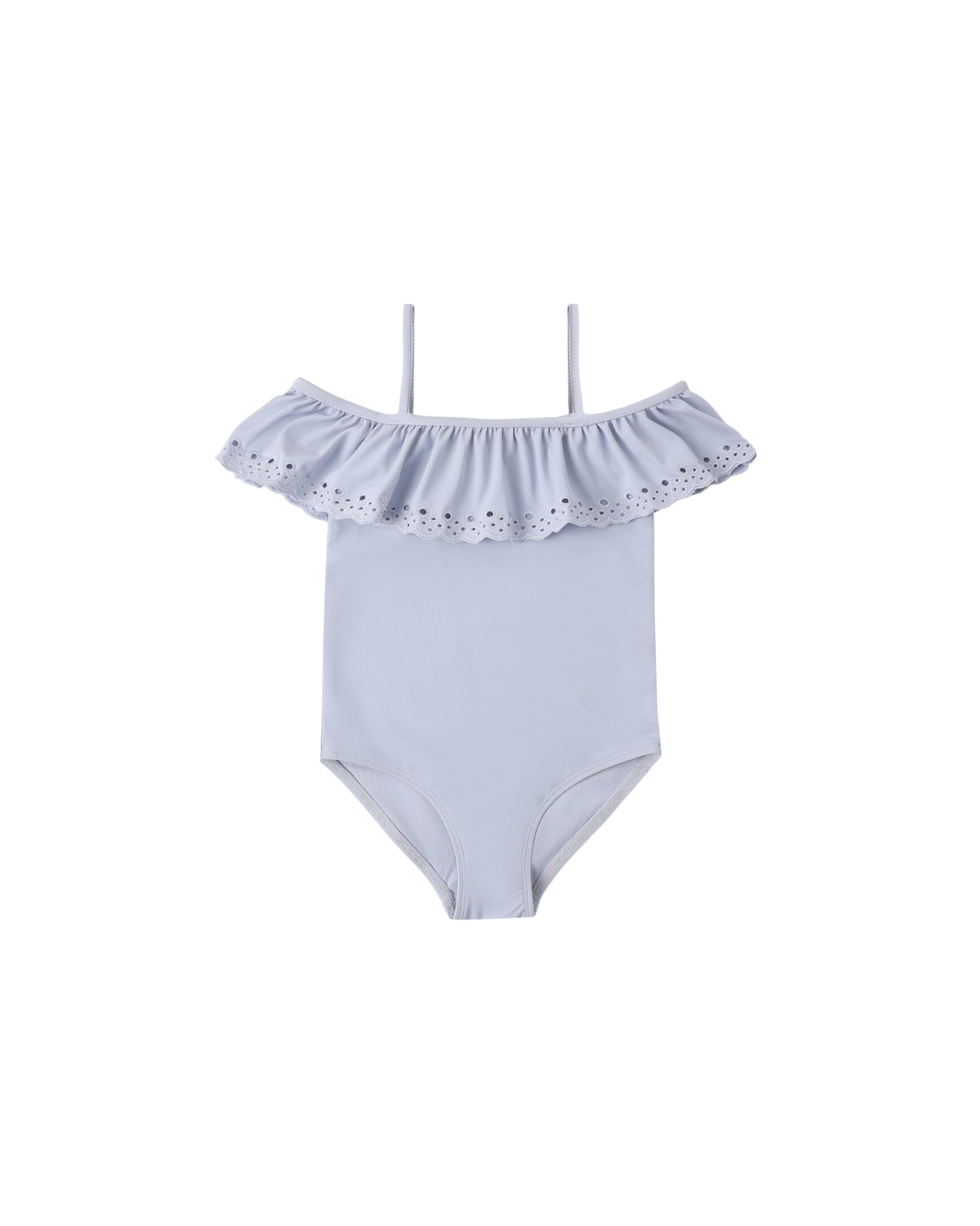 Periwinkle off-the-shoulder one-piece swimsuit by Rylee & Cru, showcasing stylish design and comfortable fit.