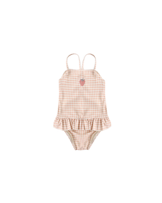 Rylee & Cru Petal Gingham Tori Skirted One Piece swimsuit for children, featuring pink petal gingham fabric and ruffled skirt detail.