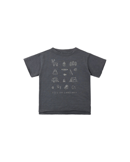 Rylee & Cru Let's Go Camping Raw Edge Tee in midnight color, soft cotton fabric with a casual fit, displayed on a hanger.