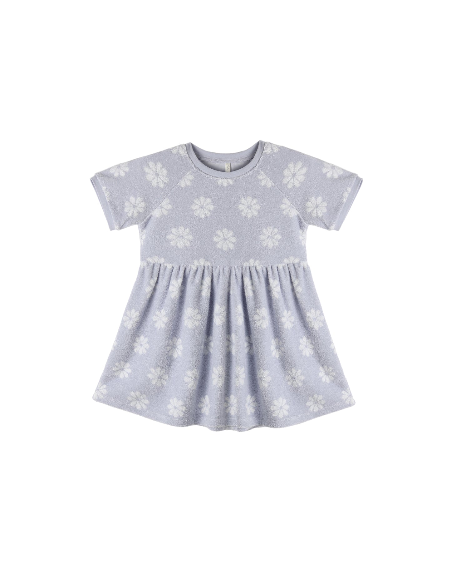 Periwinkle Daisy Raglan Dress by Rylee & Cru featuring floral print and three-quarter sleeves on a light background.