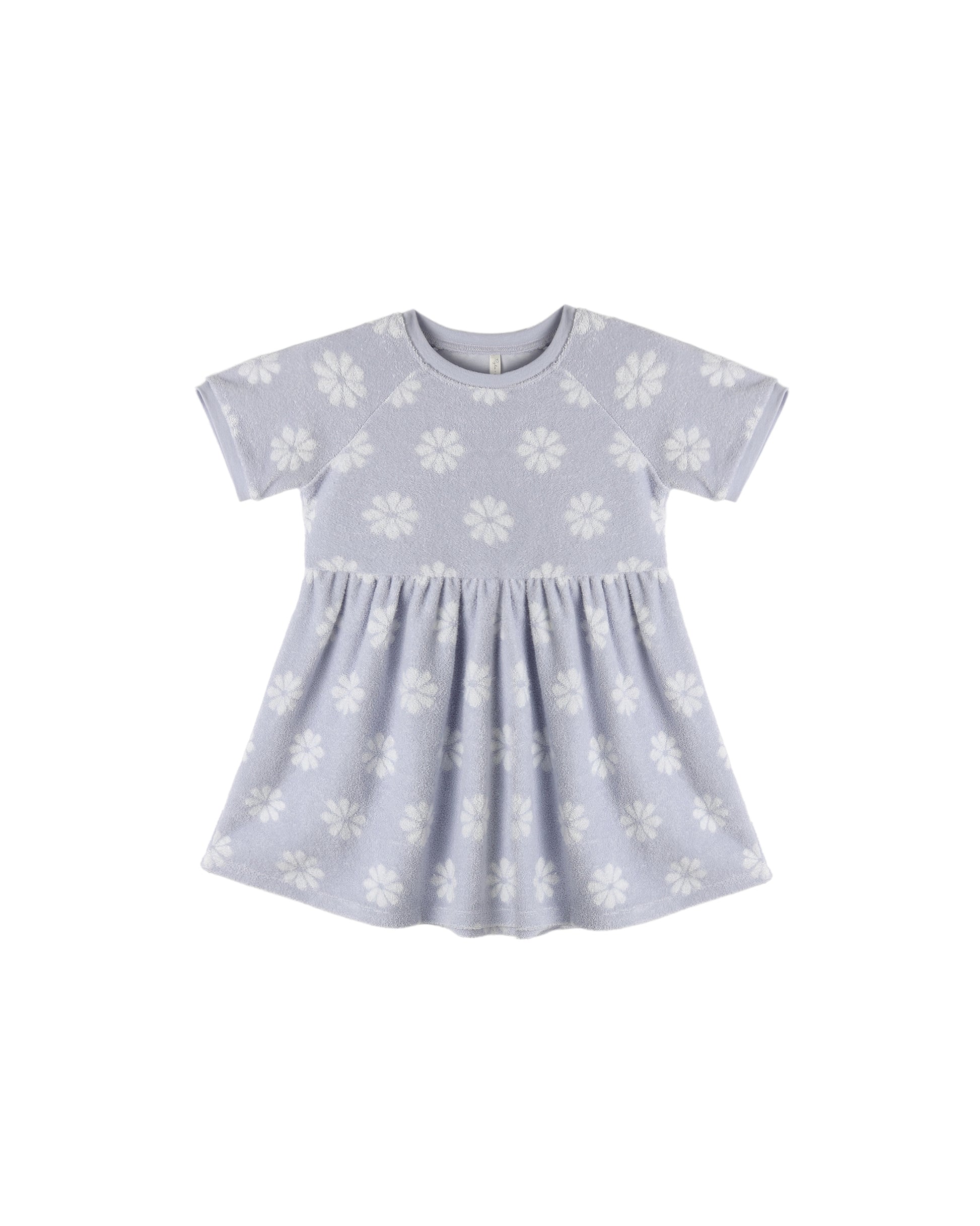 Periwinkle Daisy Raglan Dress by Rylee & Cru featuring floral print and three-quarter sleeves on a light background.