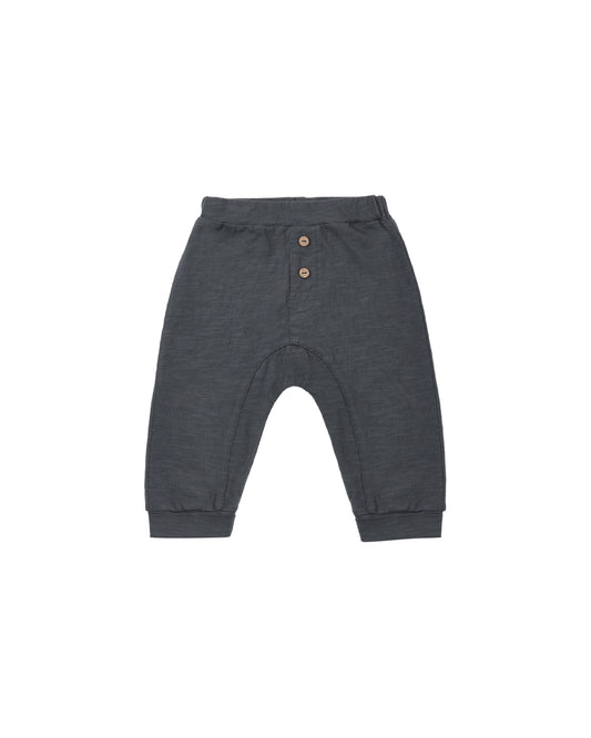 Rylee & Cru Midnight Baby Cru Pant with soft, dark fabric and elastic waistband for a comfortable, stylish baby outfit.
