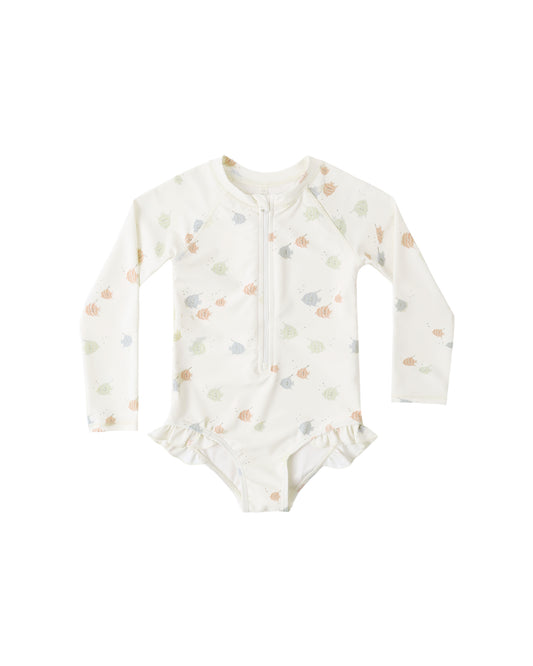 Rylee & Cru Angel Fish rashguard one piece in ivory with colorful fish print and long sleeves for sun protection.