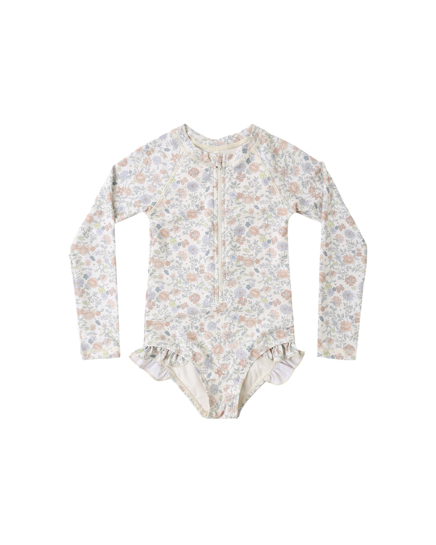 Rylee & Cru Bloom Rashguard One Piece in ivory, featuring a floral design and long sleeves for sun protection.