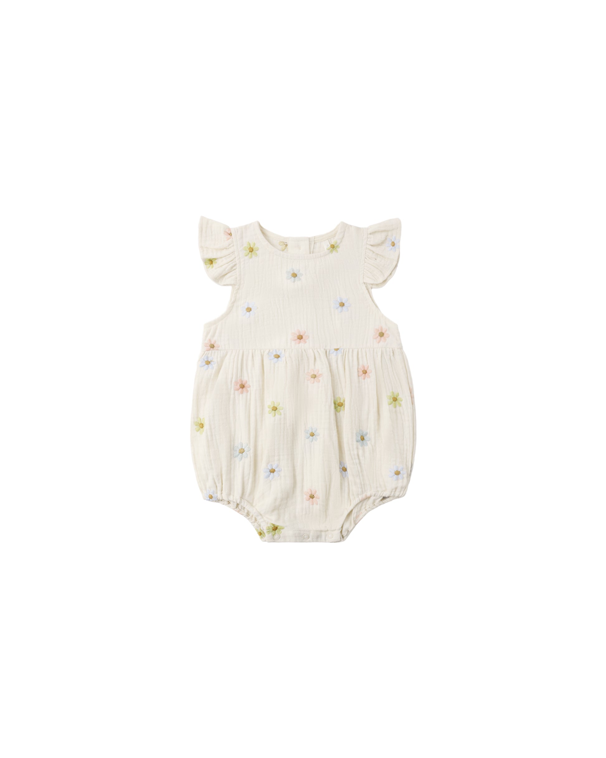 Natural-colored embroidered daisies Amelia romper by Rylee & Cru, featuring floral embroidery and soft fabric for a cute, comfortable look.