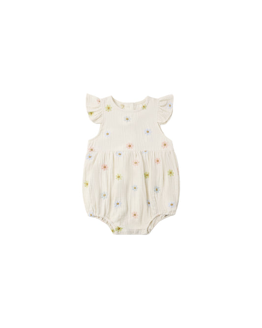 Natural-colored embroidered daisies Amelia romper by Rylee & Cru, featuring floral embroidery and soft fabric for a cute, comfortable look.