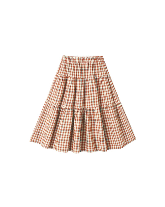 Rylee & Cru Poppy Gingham Tiered Mini Skirt in red and white with ruffled layers and elastic waistband, displayed on a hanger.