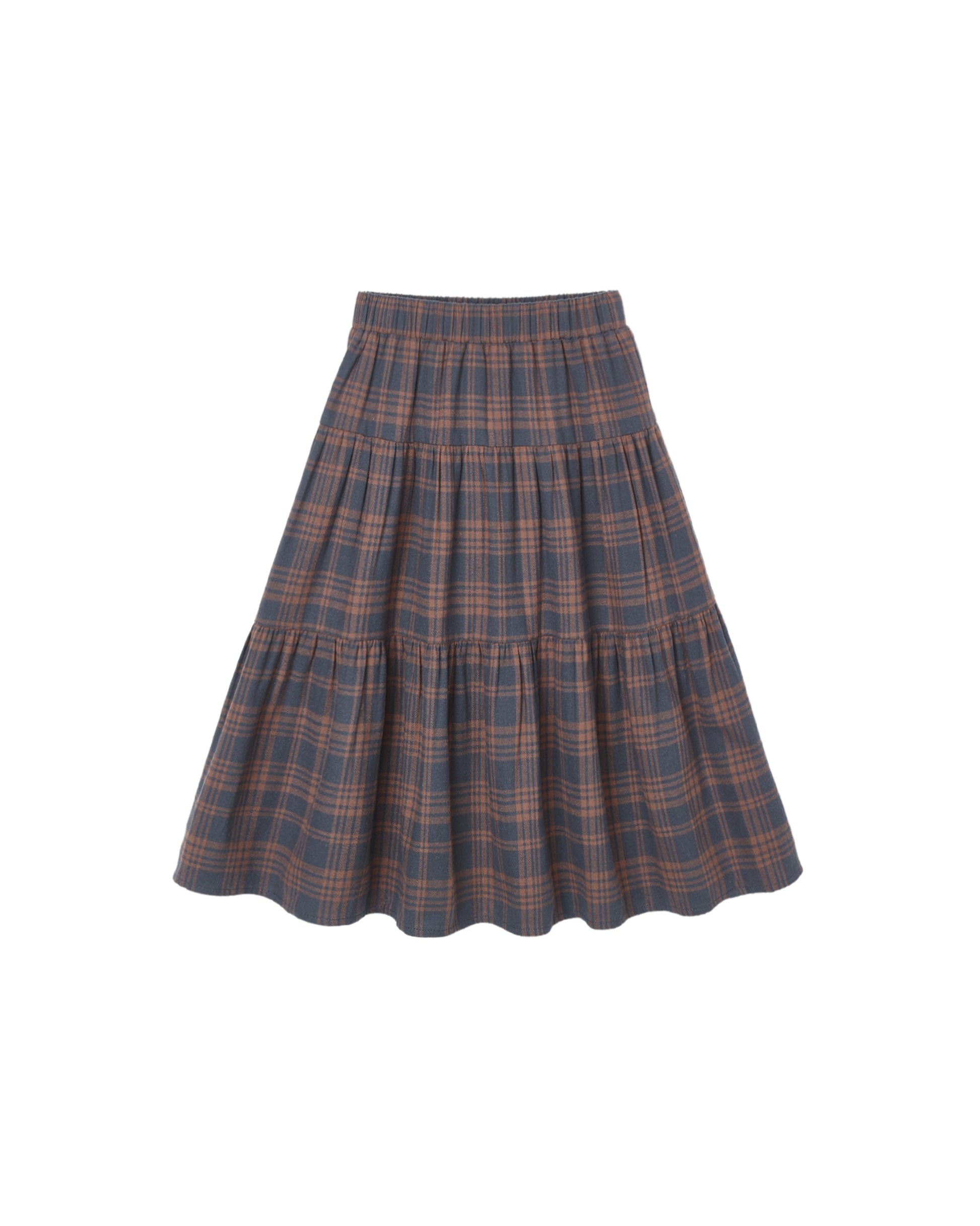 Rylee & Cru midnight plaid tiered midi skirt with layered fabric and elastic waistband, stylish and comfortable for casual wear.