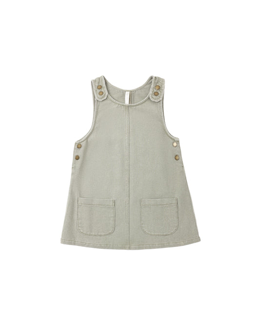 Dark sage Odette overall dress by Rylee & Cru, featuring a sleeveless design with adjustable shoulder straps and a relaxed fit.