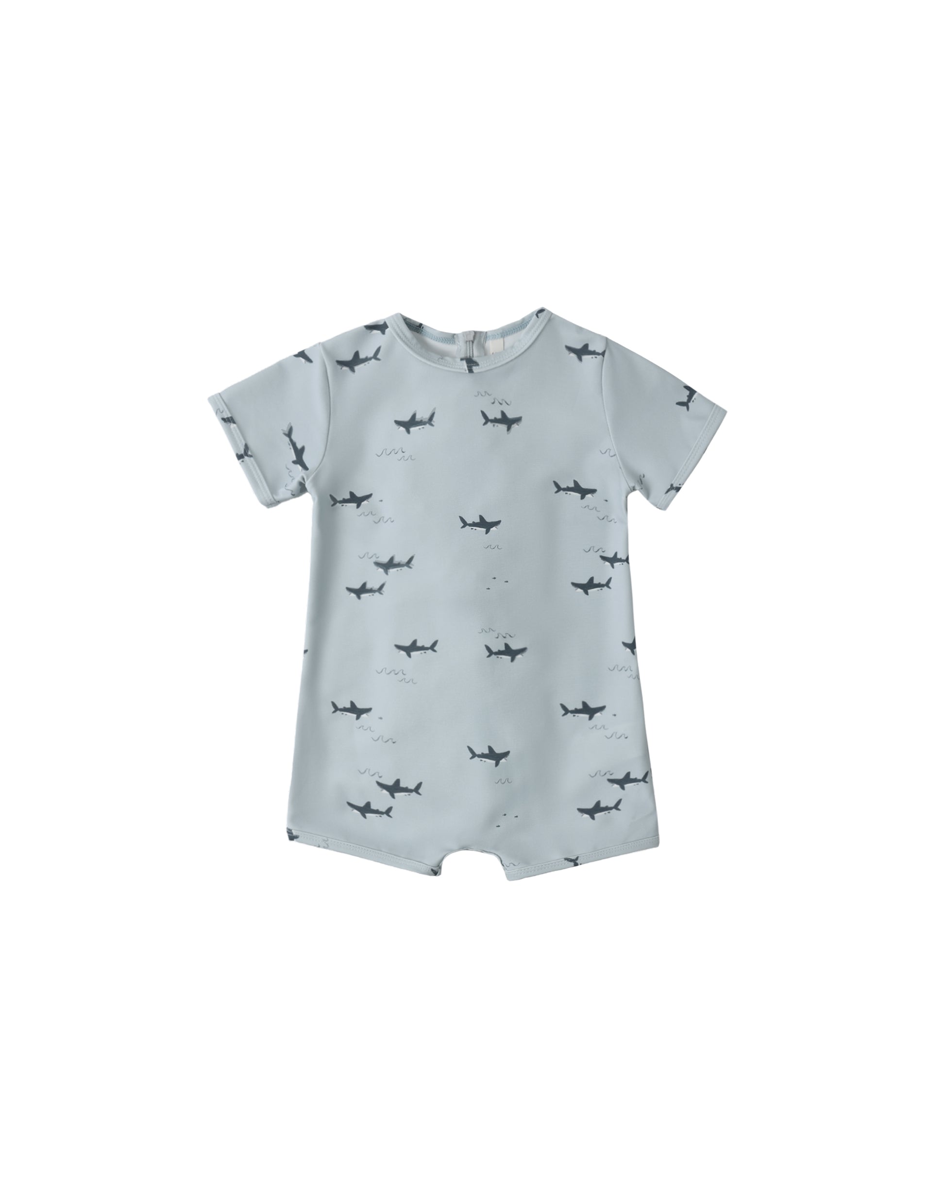 Light blue Rylee & Cru Sharks Shorty One Piece swimsuit with shark print, suitable for kids' swimming and water activities.