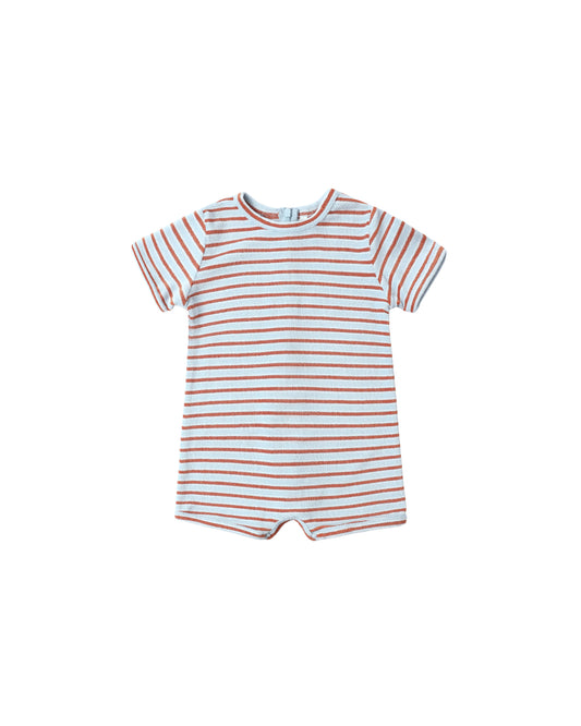 Rylee & Cru Americana Stripe Shorty One Piece swimsuit in light blue with white and orange stripes, featuring a relaxed fit and shoulder straps.