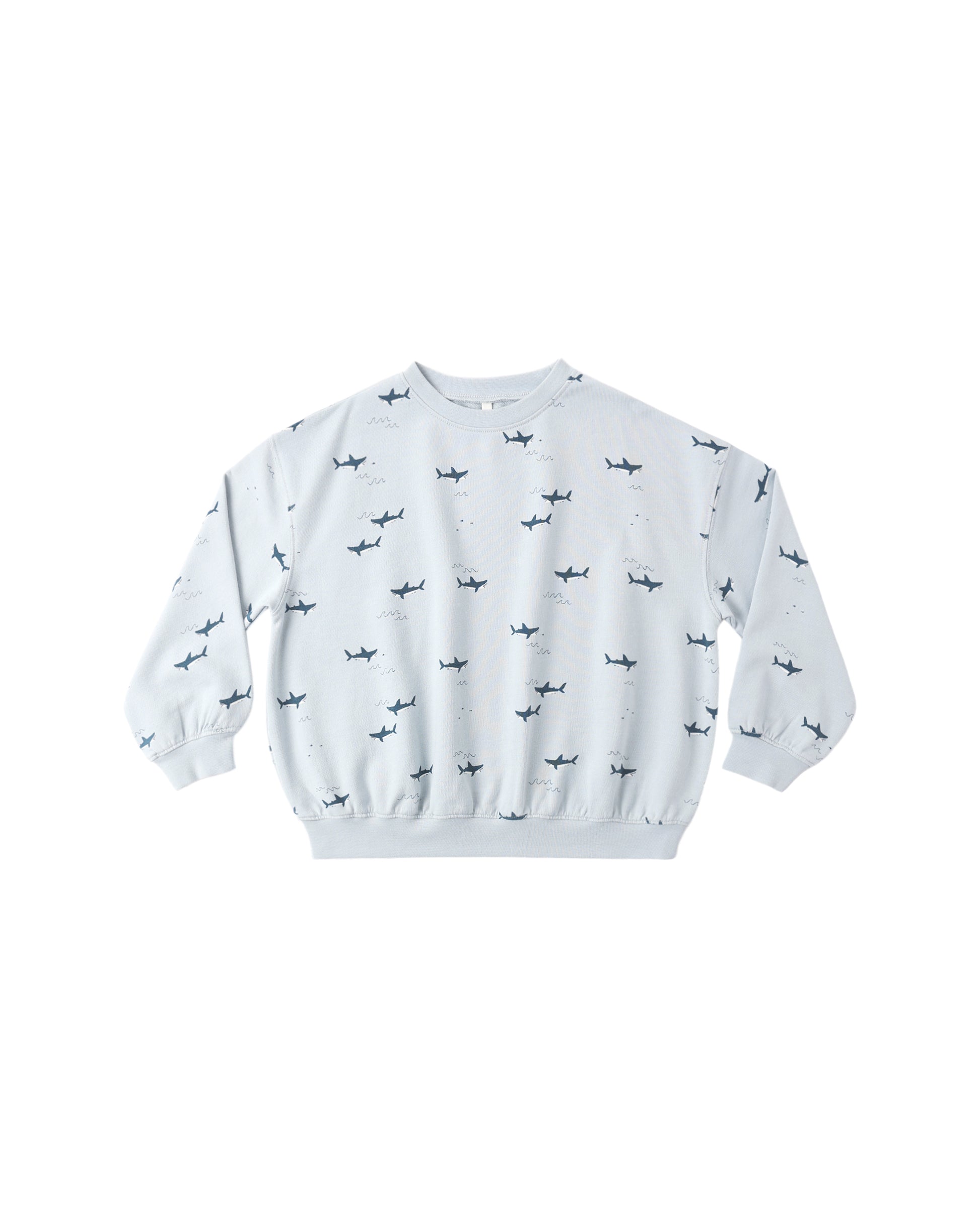 Light blue Rylee & Cru Sharks sweatshirt featuring a playful shark graphic on the front. Perfect for casual wear.