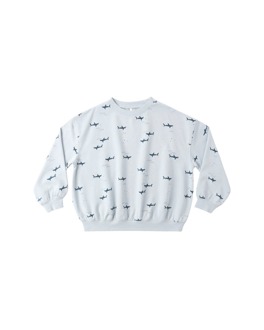 Light blue Rylee & Cru Sharks sweatshirt featuring a playful shark graphic on the front. Perfect for casual wear.