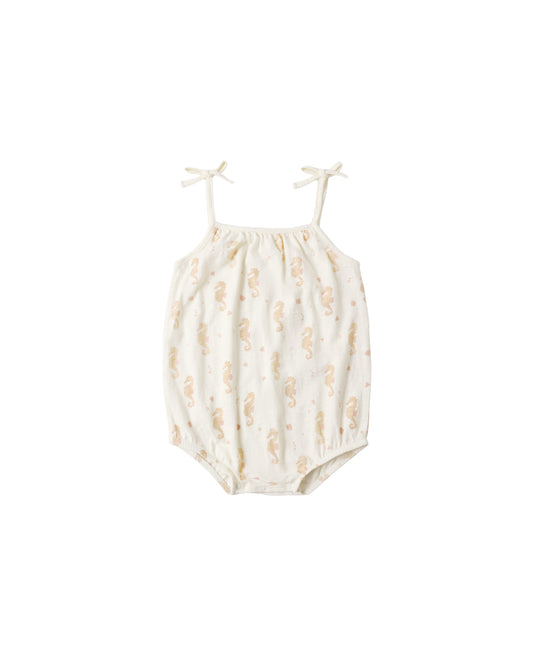 Rylee & Cru Seahorse Nala romper for babies, ivory color, soft cotton fabric, featuring a cute seahorse print and snap closures.