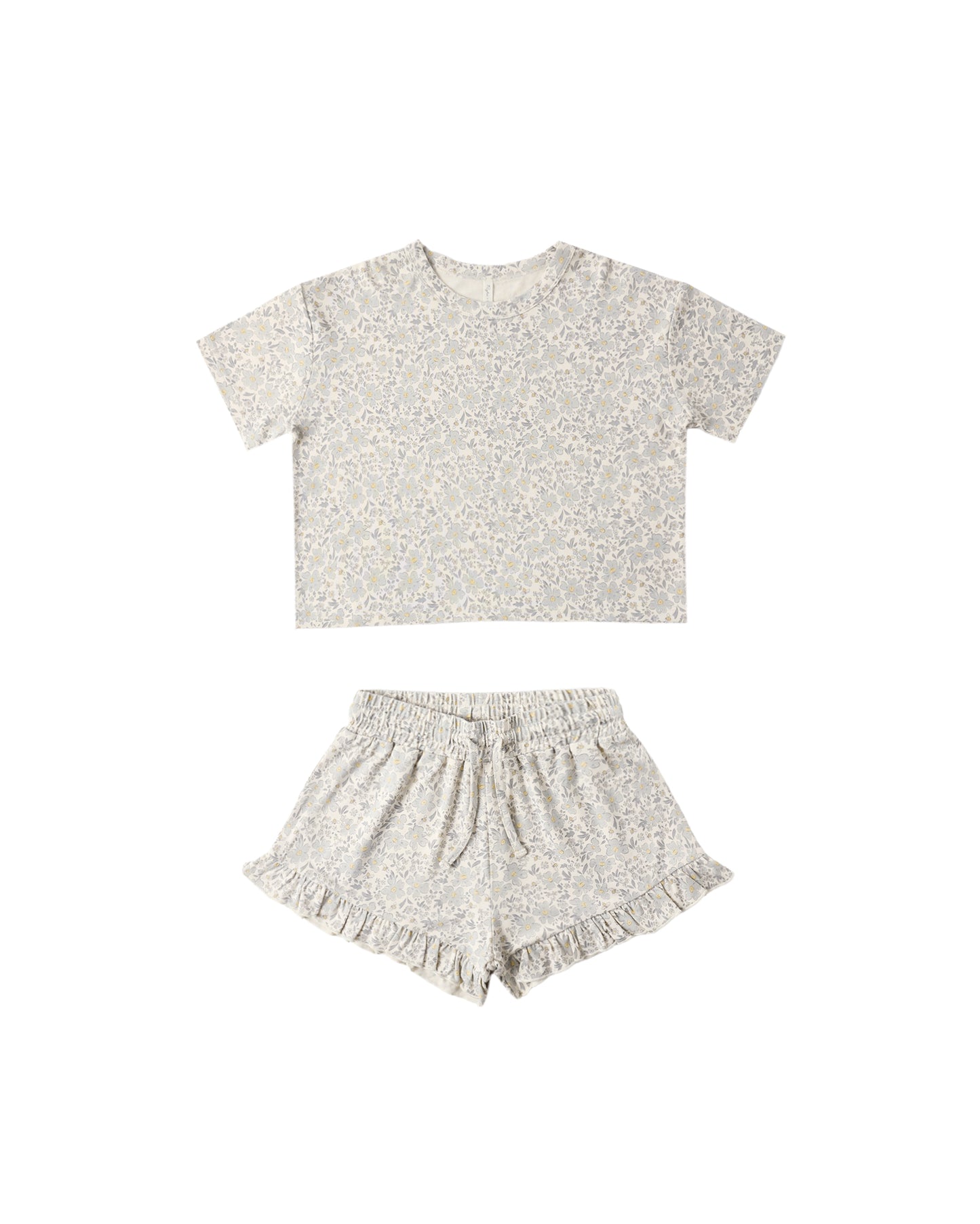 Rylee & Cru Blue Meadow Mosie Set featuring a natural-colored fabric with a floral pattern for babies.