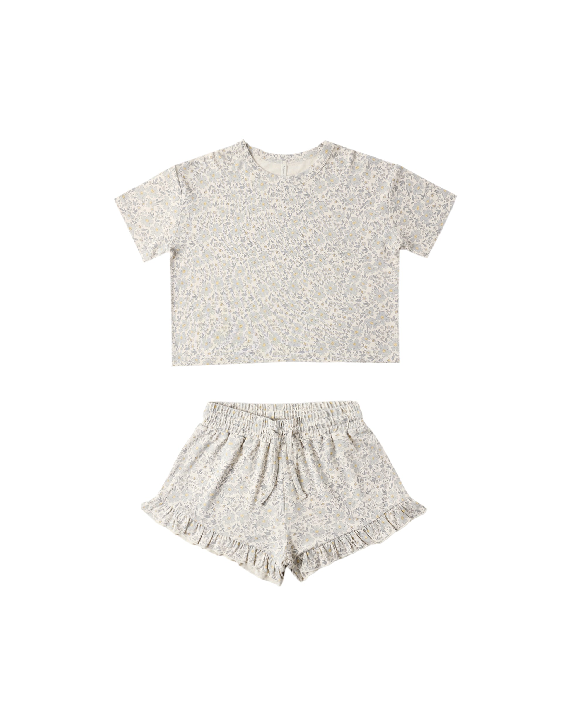 Rylee & Cru Blue Meadow Mosie Set featuring a natural-colored fabric with a floral pattern for babies.