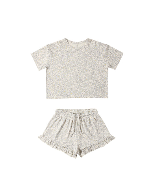 Rylee & Cru Blue Meadow Mosie Set featuring a natural fabric with playful meadow print and matching pieces for babies.