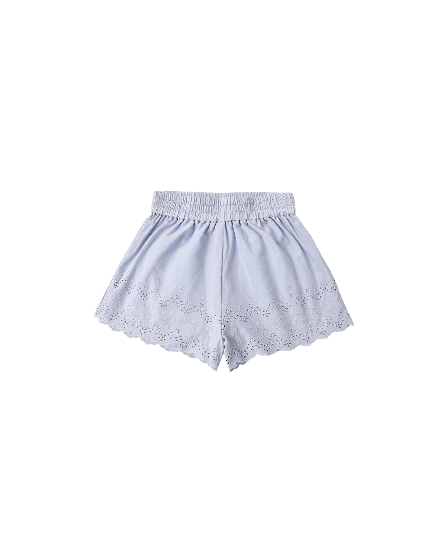 Periwinkle Rylee & Cru Remi short made from soft fabric, shown flat with elastic waistband and relaxed fit.
