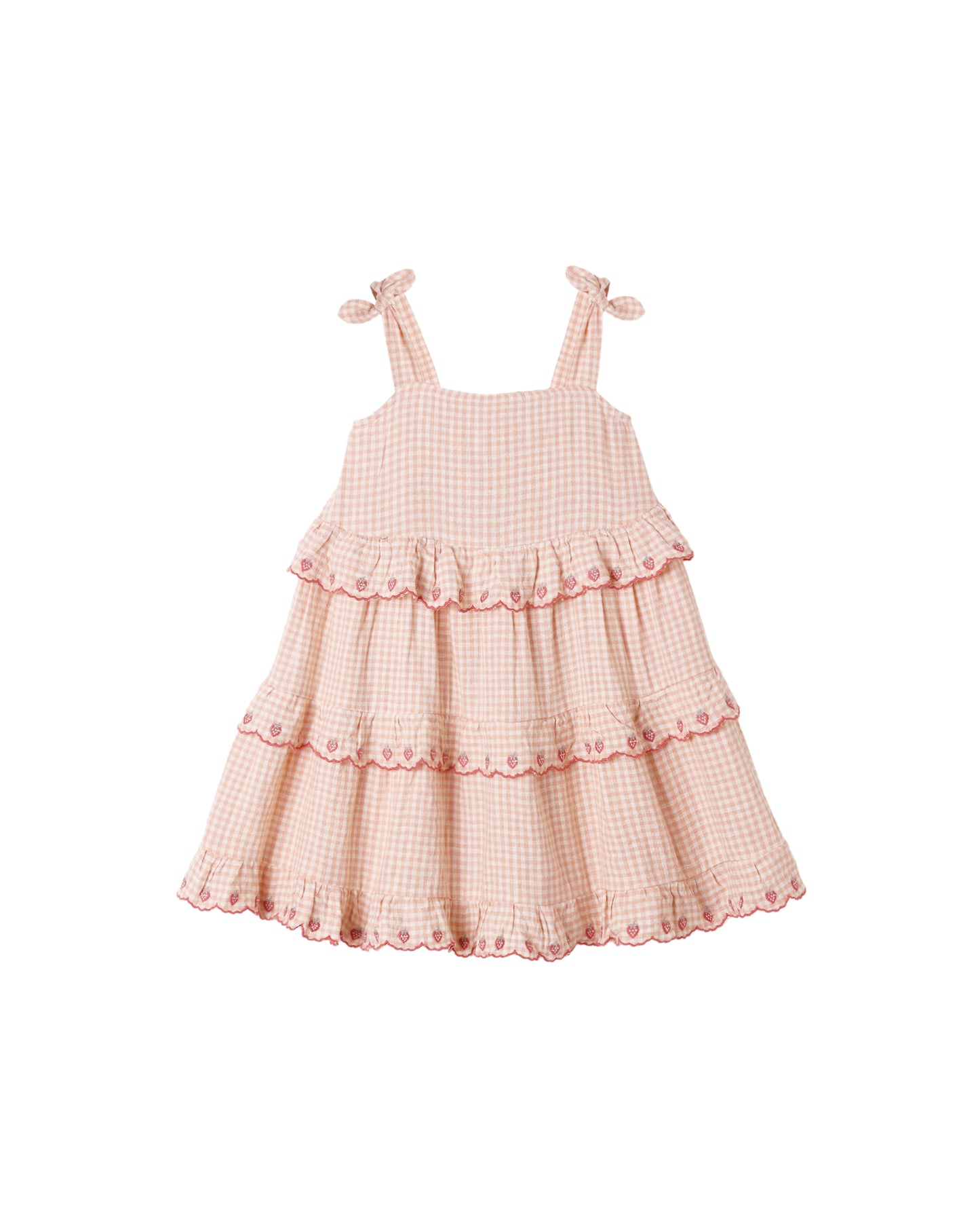Rylee & Cru Petal Gingham Ruffled Swing Dress for girls, featuring pink and white gingham pattern with ruffle details.
