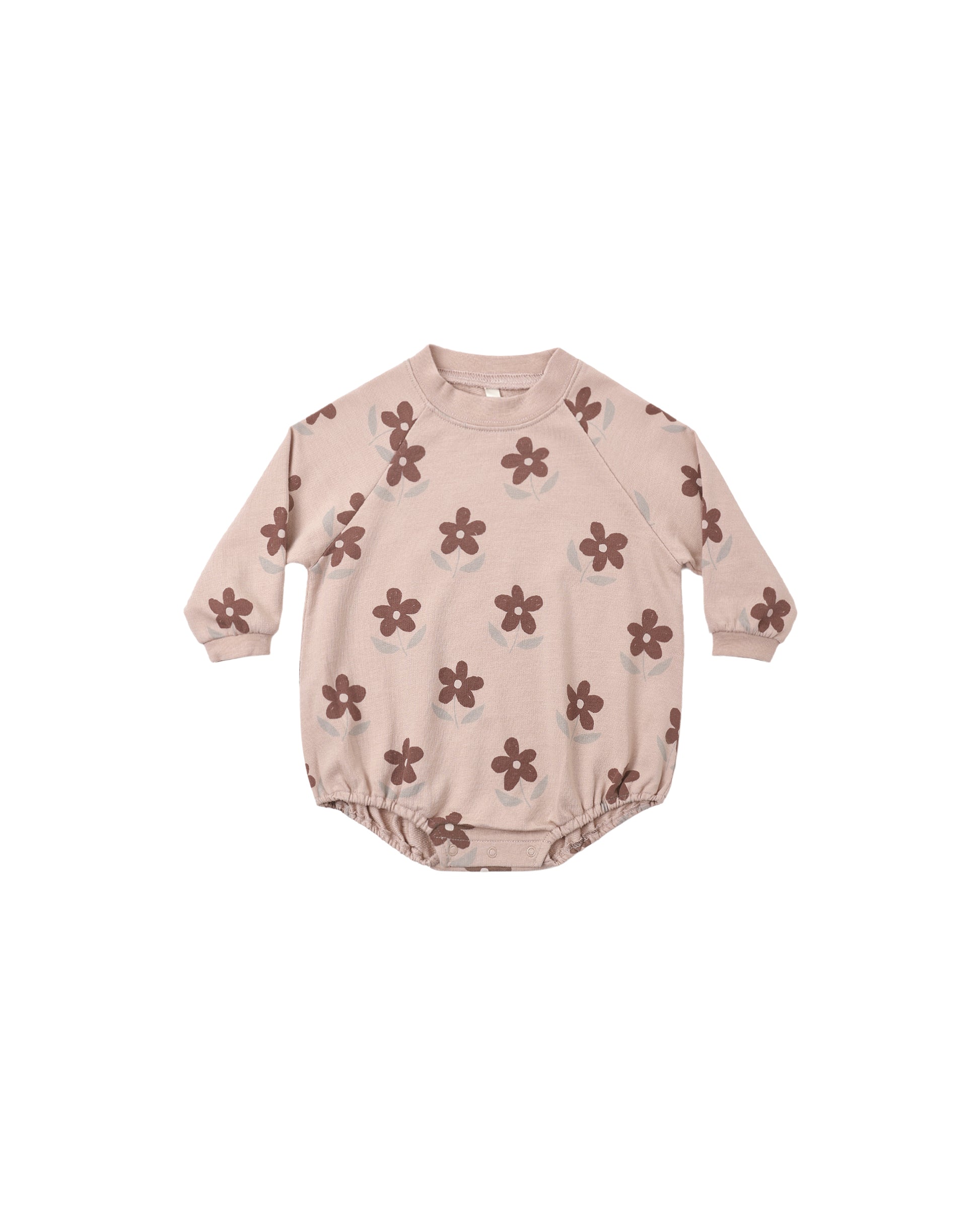 Rylee & Cru Daisy crew neck romper in rosewood color, featuring a soft, comfortable design with short sleeves and playful floral pattern.