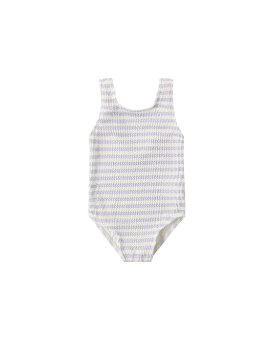 Periwinkle stripe Moxie one-piece swimsuit for girls by Rylee & Cru, featuring a stylish striped pattern and comfortable fit.