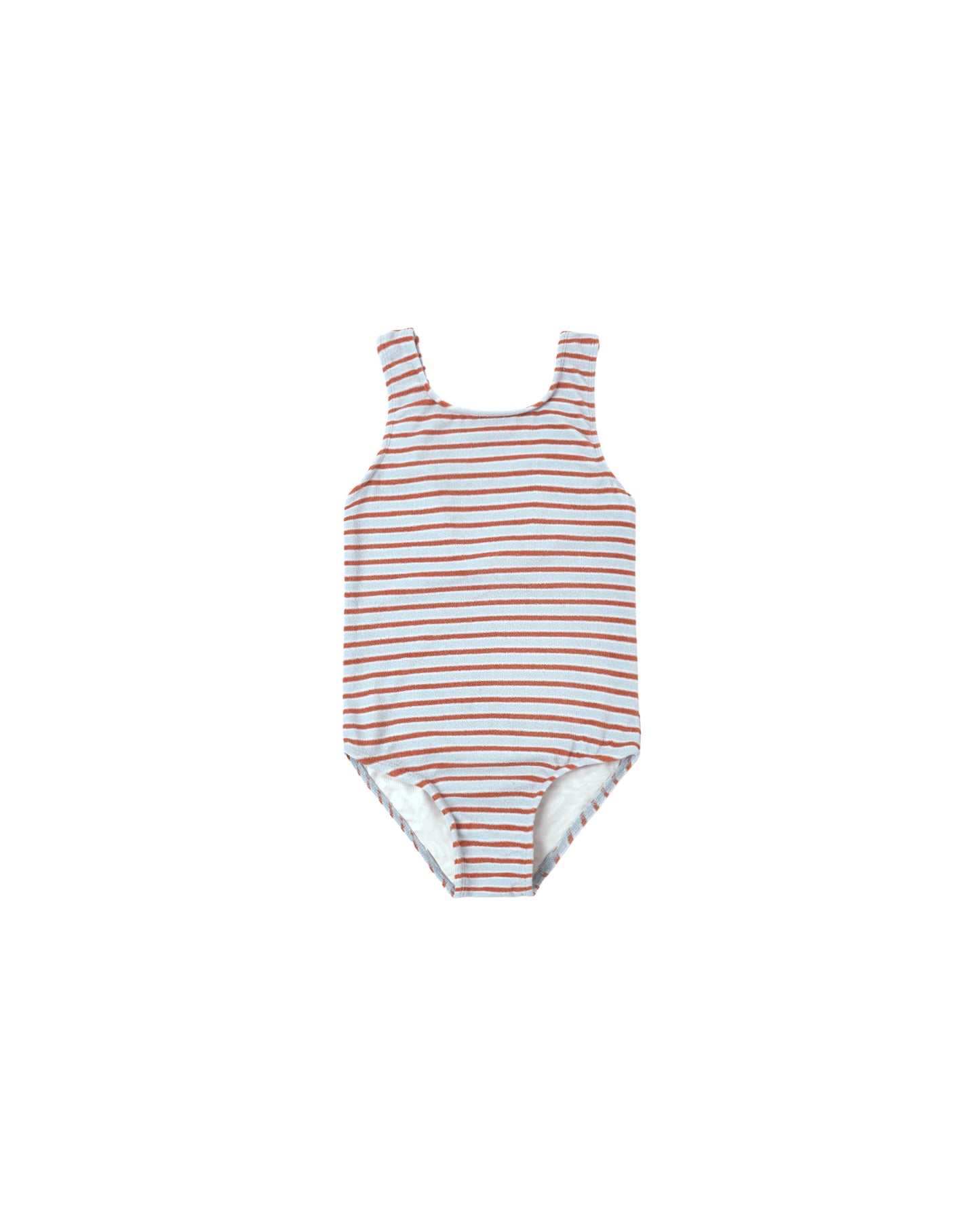 Rylee & Cru Americana Stripe Moxie one-piece swimsuit in light blue with white and orange stripes, front view showing strap details.