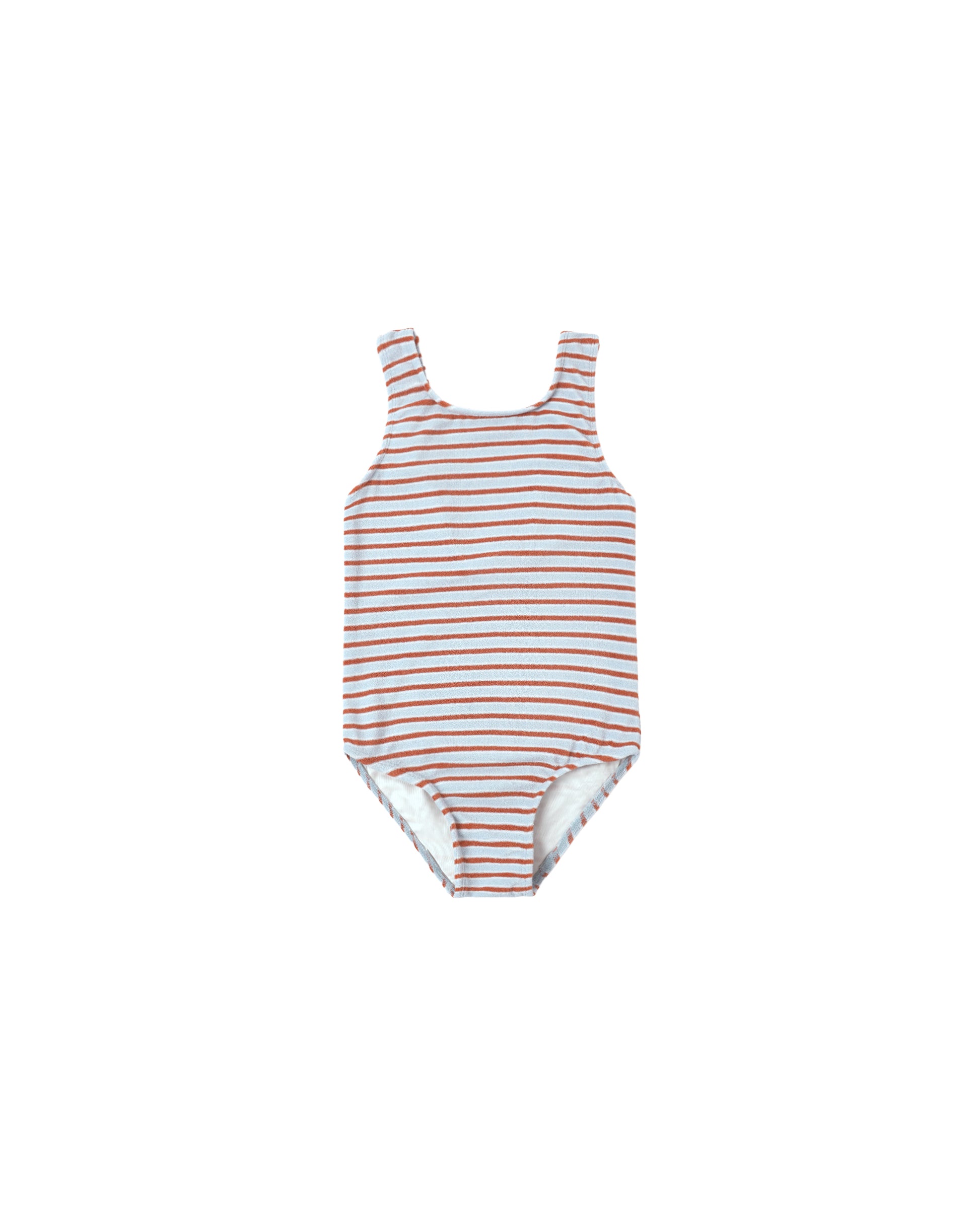 Rylee & Cru Americana Stripe Moxie one-piece swimsuit in light blue with white and orange stripes, front view showing strap details.