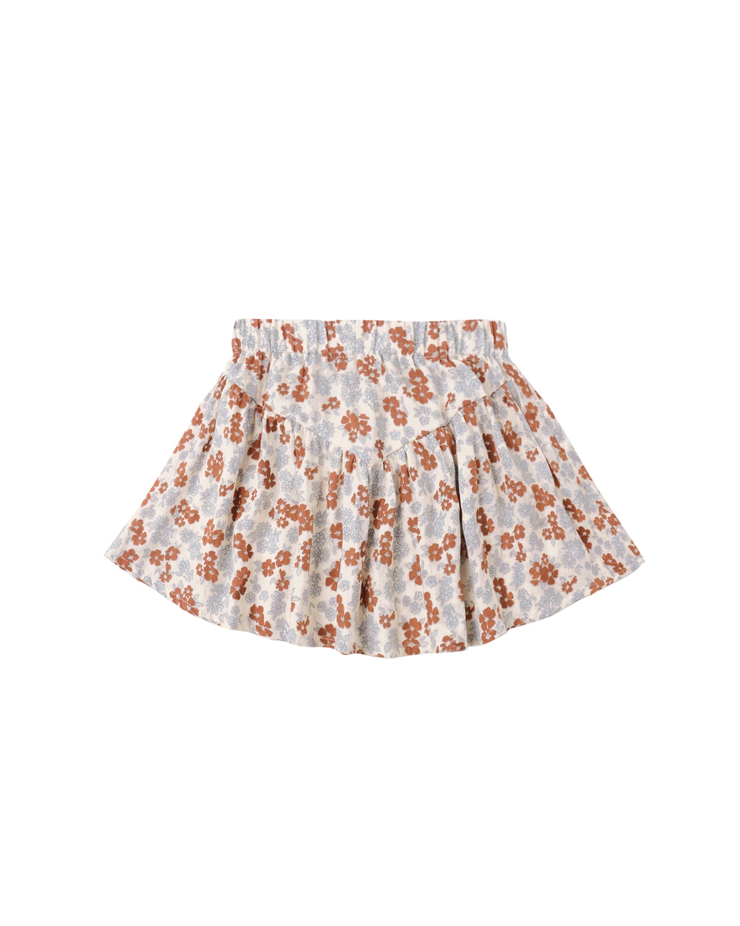 Rylee & Cru Americana Floral Sparrow skirt in natural fabric featuring a colorful floral and sparrow pattern, laid flat.