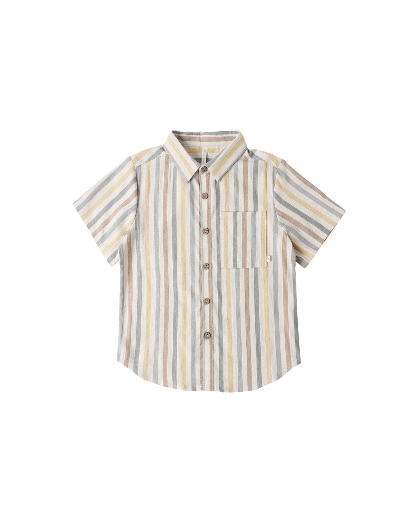 Rylee & Cru Valencia Stripe collared short sleeve shirt in natural with colorful stripes, displayed on a white background.