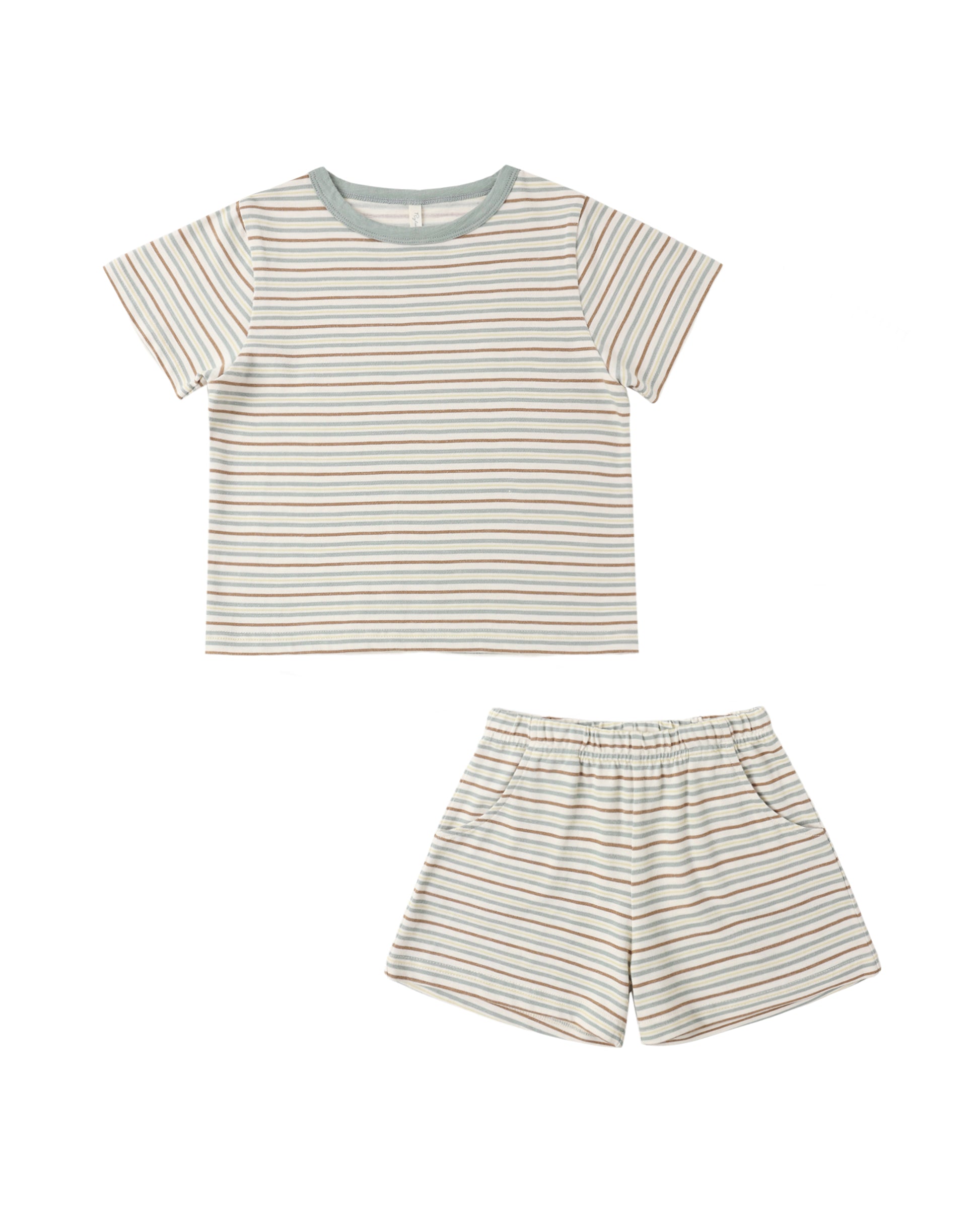 Vintage Stripe Play Set by Rylee & Cru featuring green and white striped fabric, perfect for toddlers' playtime and comfortable wear.