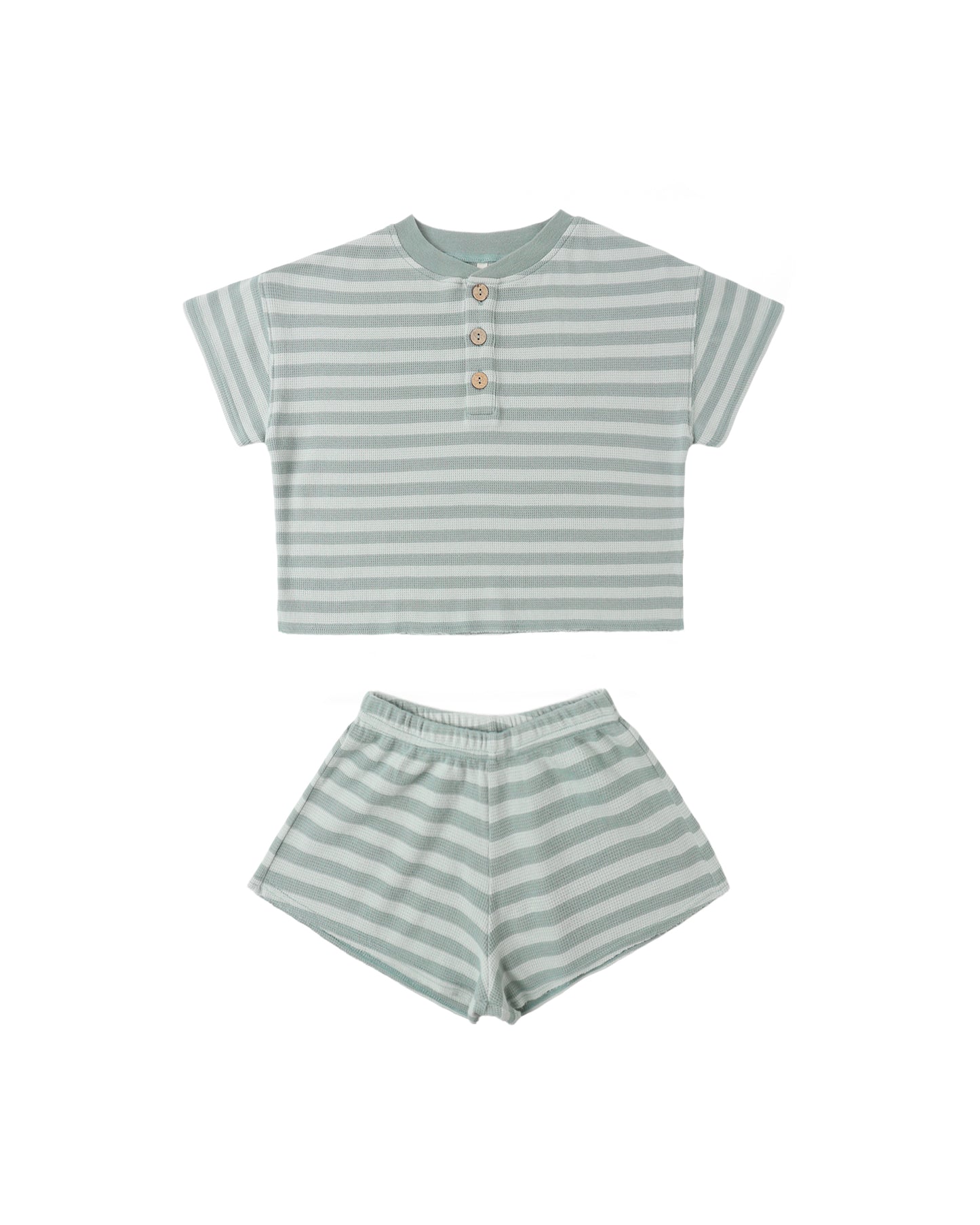 Sea green and white striped summer waffle set by Rylee & Cru, featuring a cozy top and matching shorts.